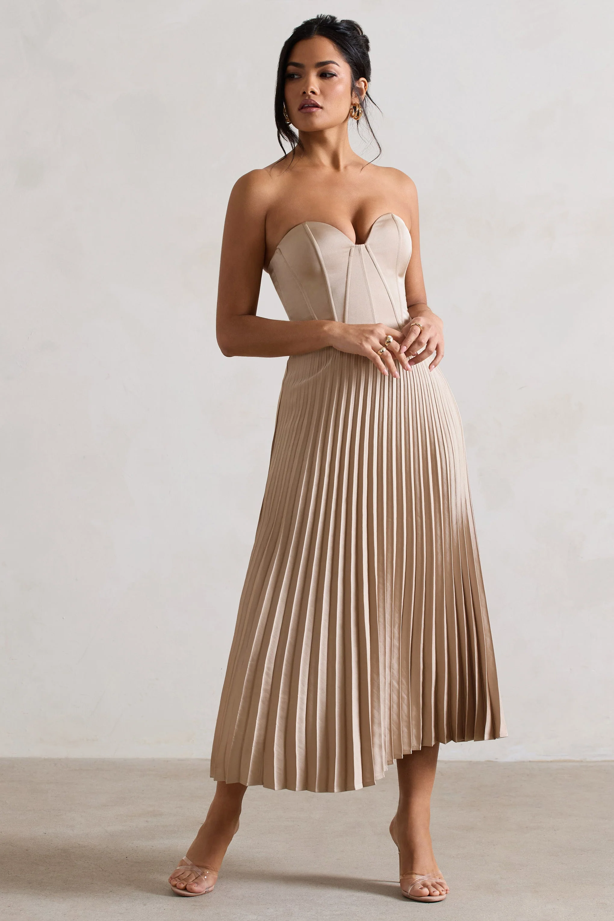 Bordeaux | Champagne Satin Corset Style Midi Dress - Image 4