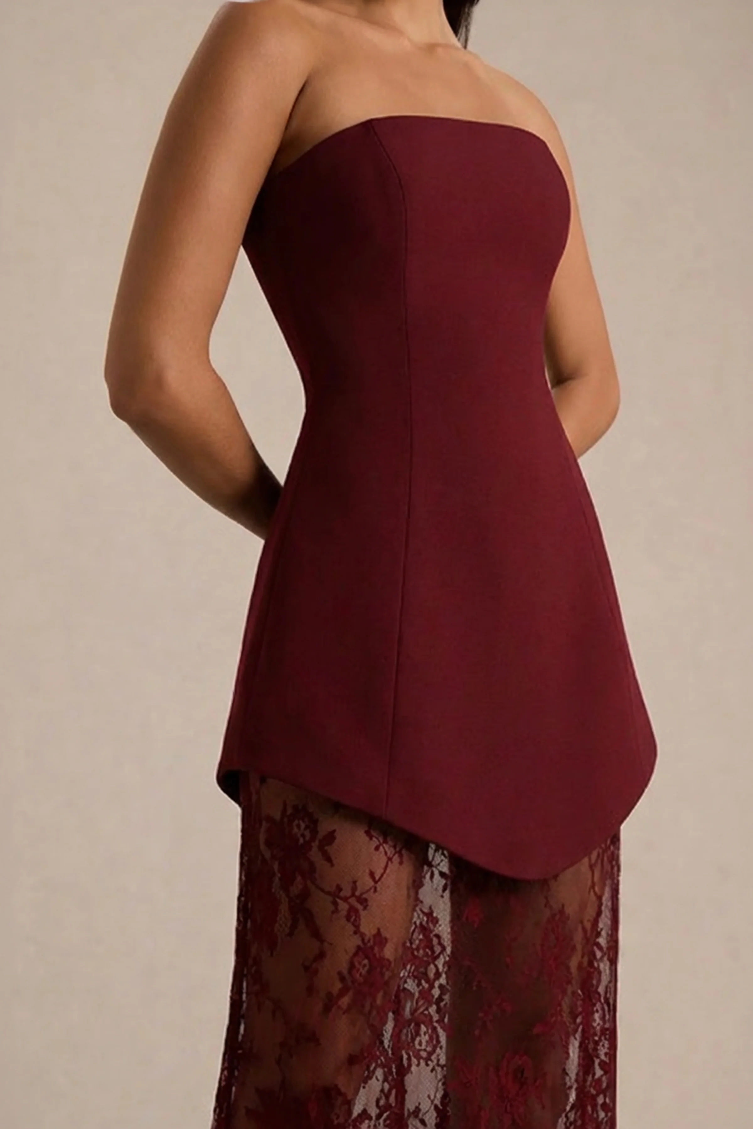 Brandi | Burgundy Bandeau Maxi Dress With Lace Skirt - Image 3
