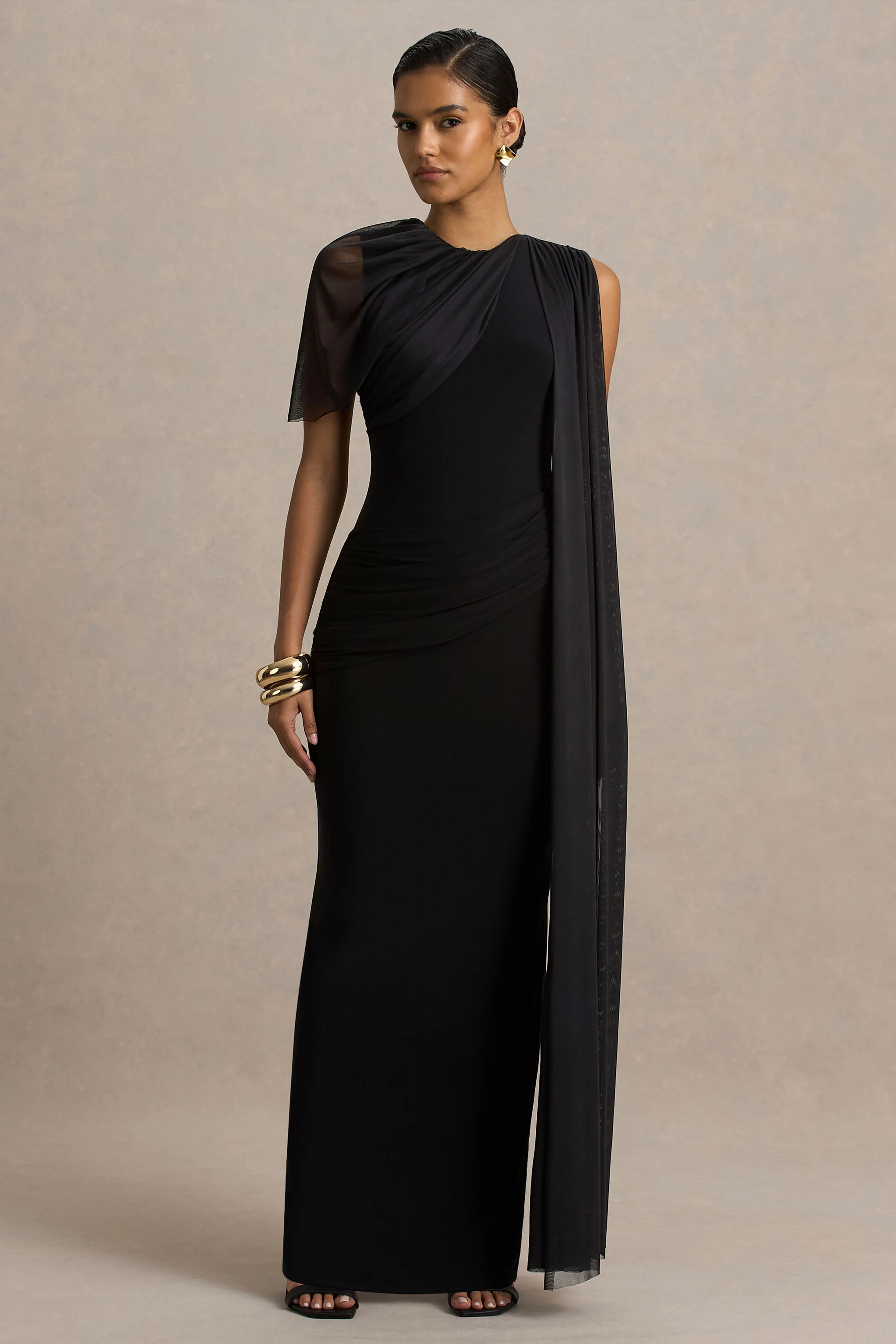 Brenda | Black Crew-Neck Maxi Dress With Mesh Cape And Sash - Image 4