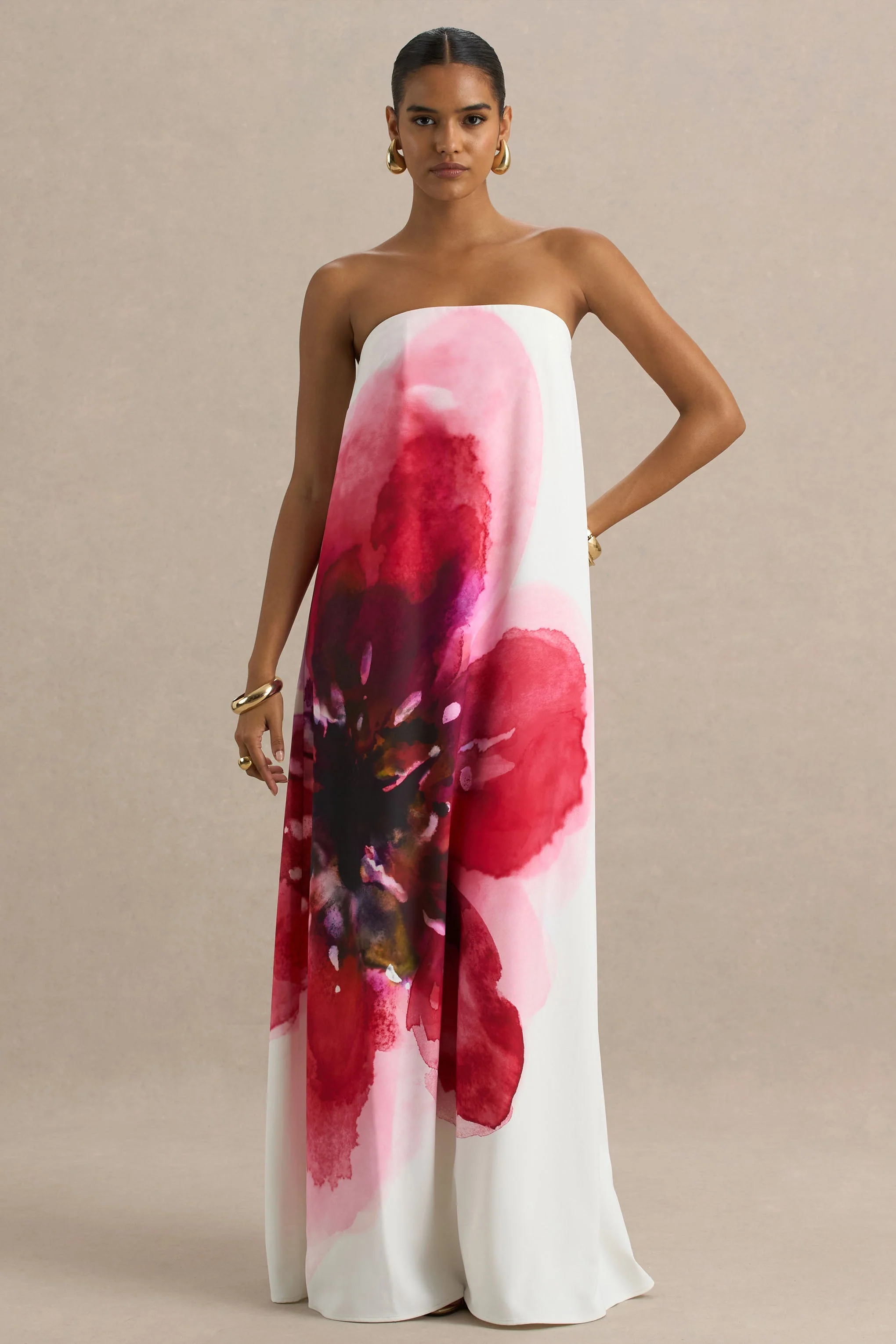 Breonna | Bright Pink Floral Placement Print Bandeau Maxi Dress - Image 4