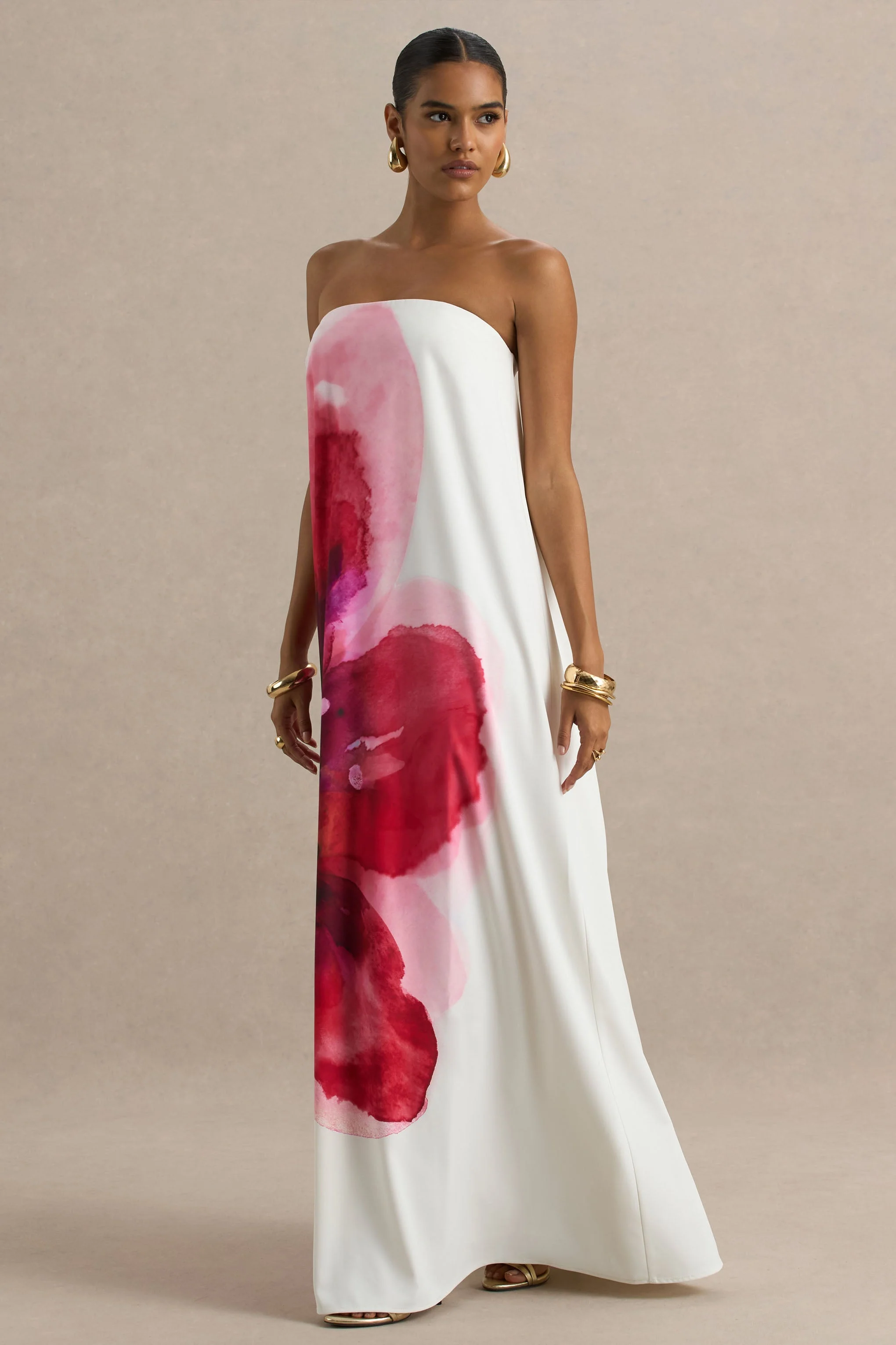 Breonna | Bright Pink Floral Placement Print Bandeau Maxi Dress - Image 5