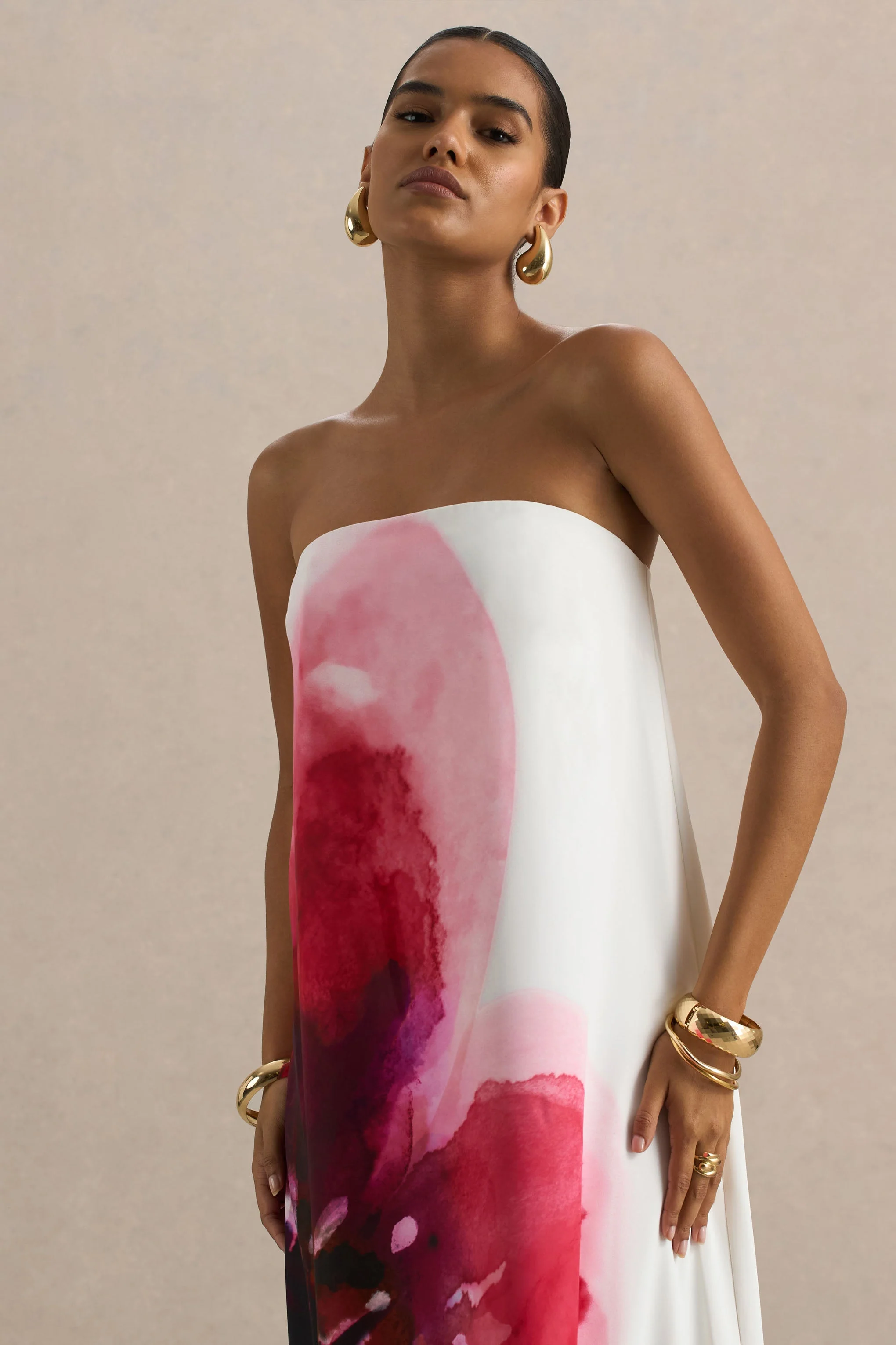 Breonna | Bright Pink Floral Placement Print Bandeau Maxi Dress - Image 6