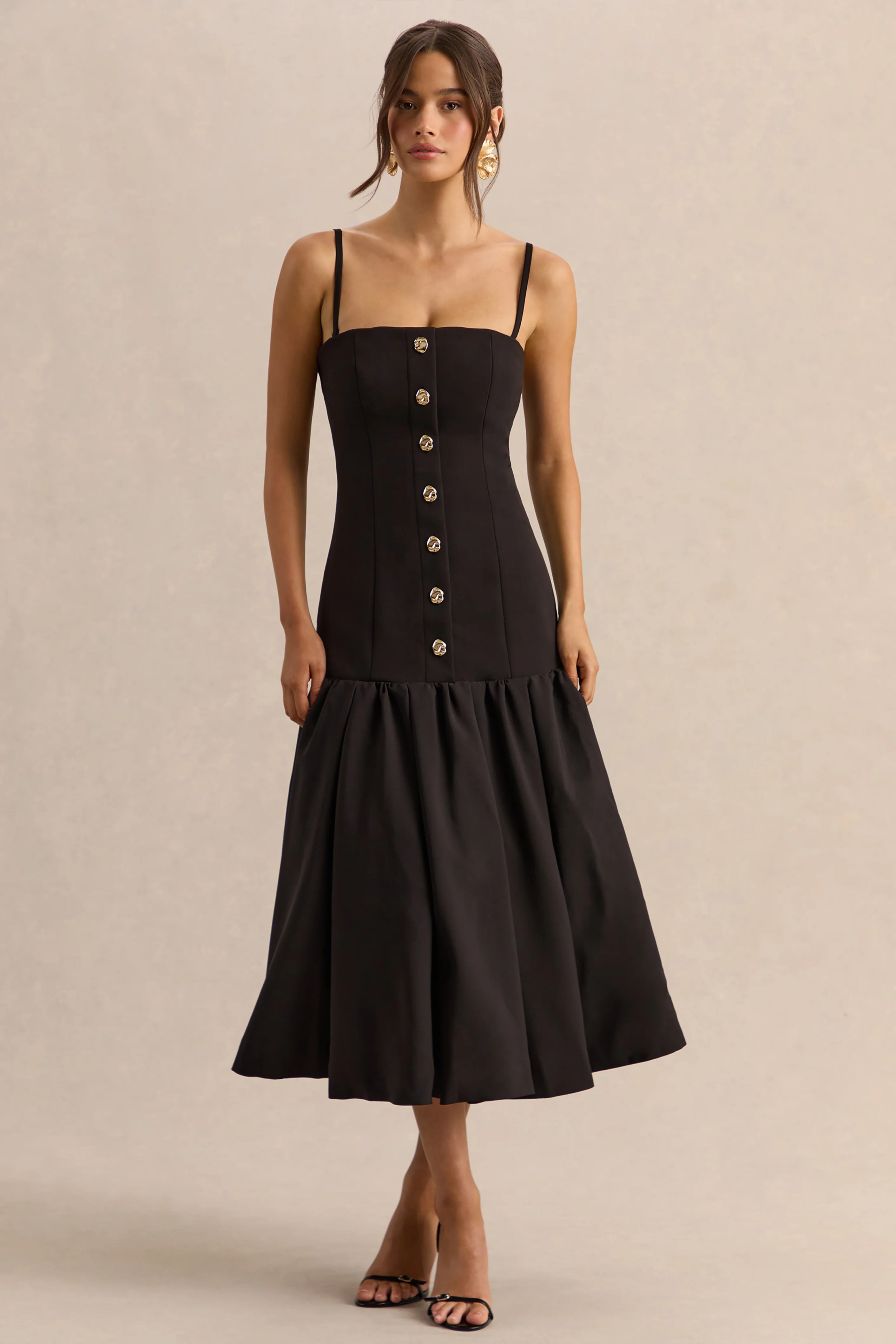 Briella | Black Bandeau Midi Dress With Gold-Button Detailing