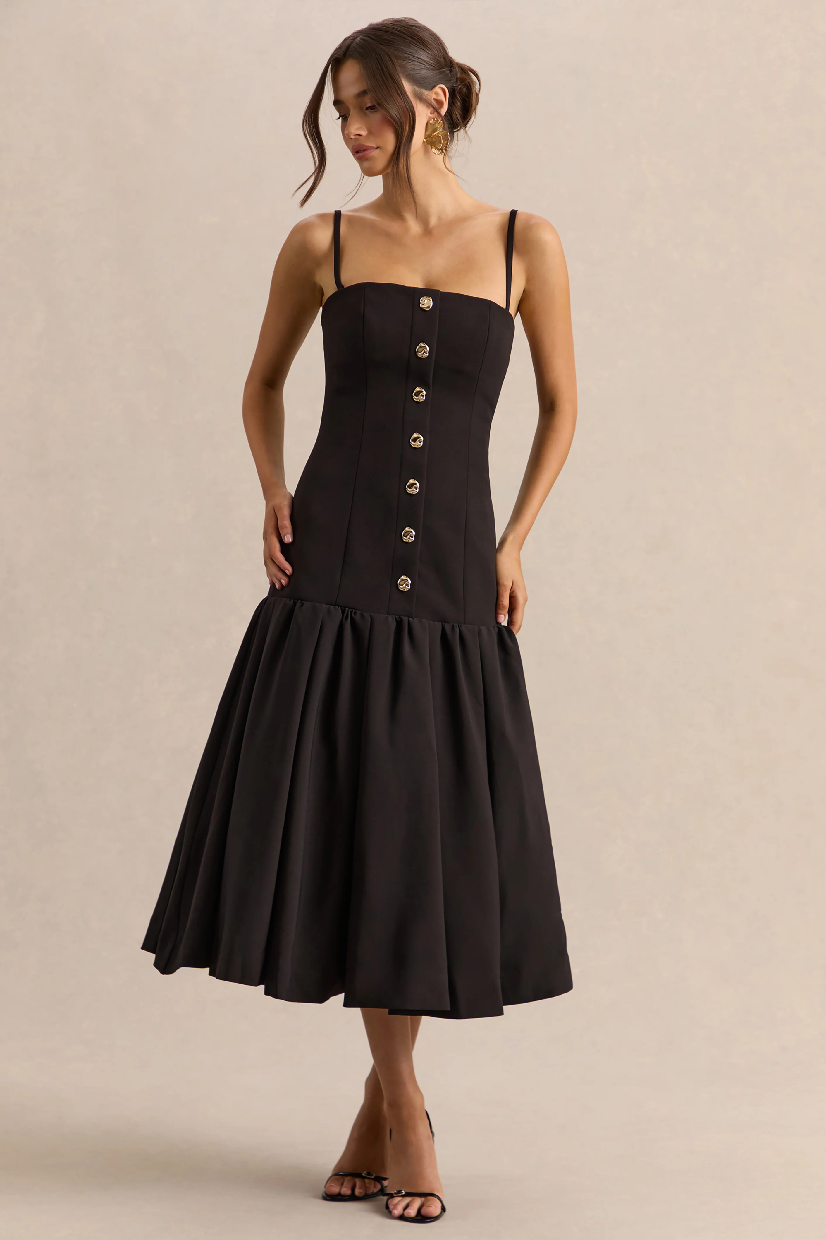 Briella | Black Bandeau Midi Dress With Gold-Button Detailing - Image 4