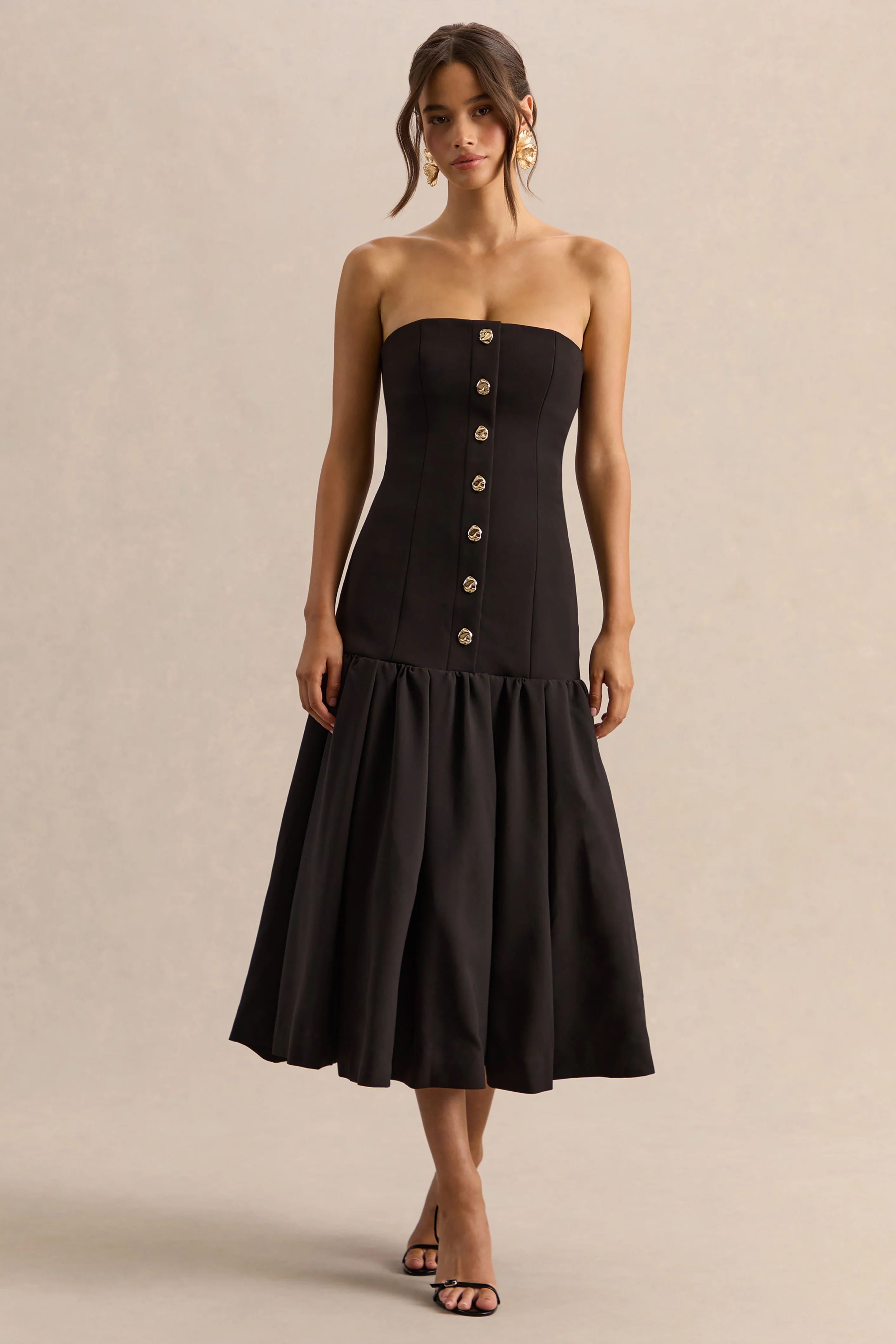 Briella | Black Bandeau Midi Dress With Gold-Button Detailing - Image 6