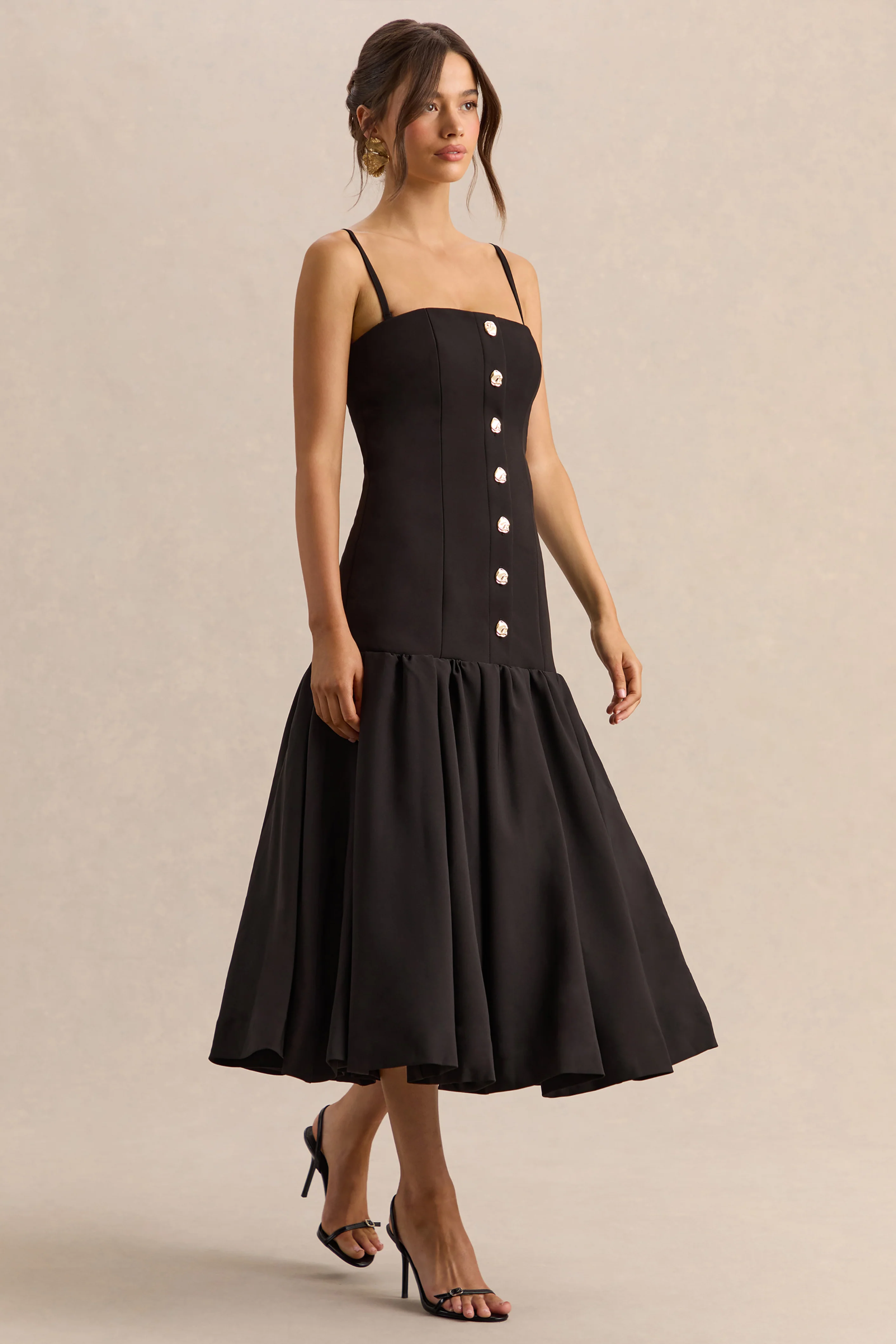 Briella | Black Bandeau Midi Dress With Gold-Button Detailing - Image 7