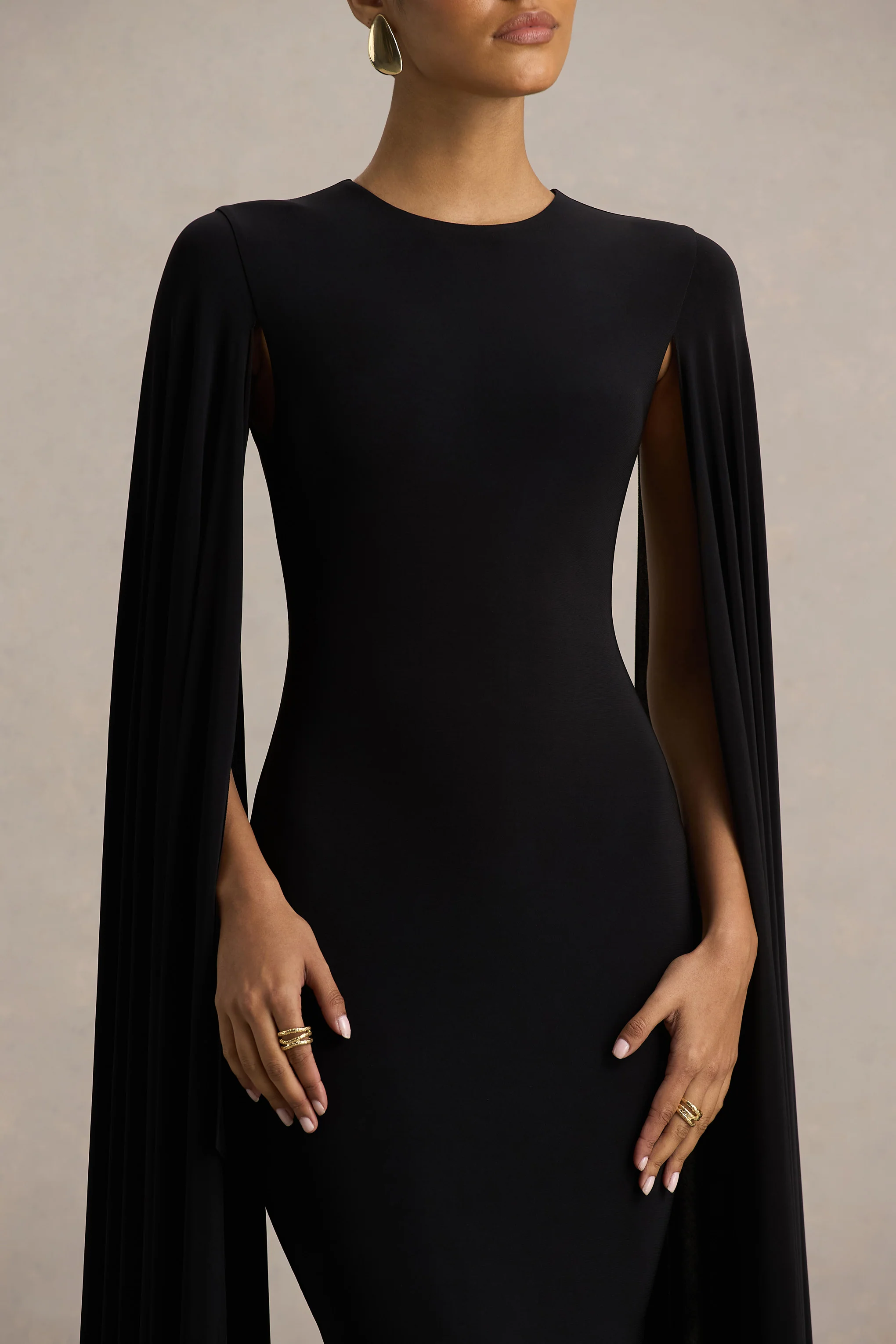 Briony | Black Crew-Neck Maxi Dress With Cape Sleeves - Image 4