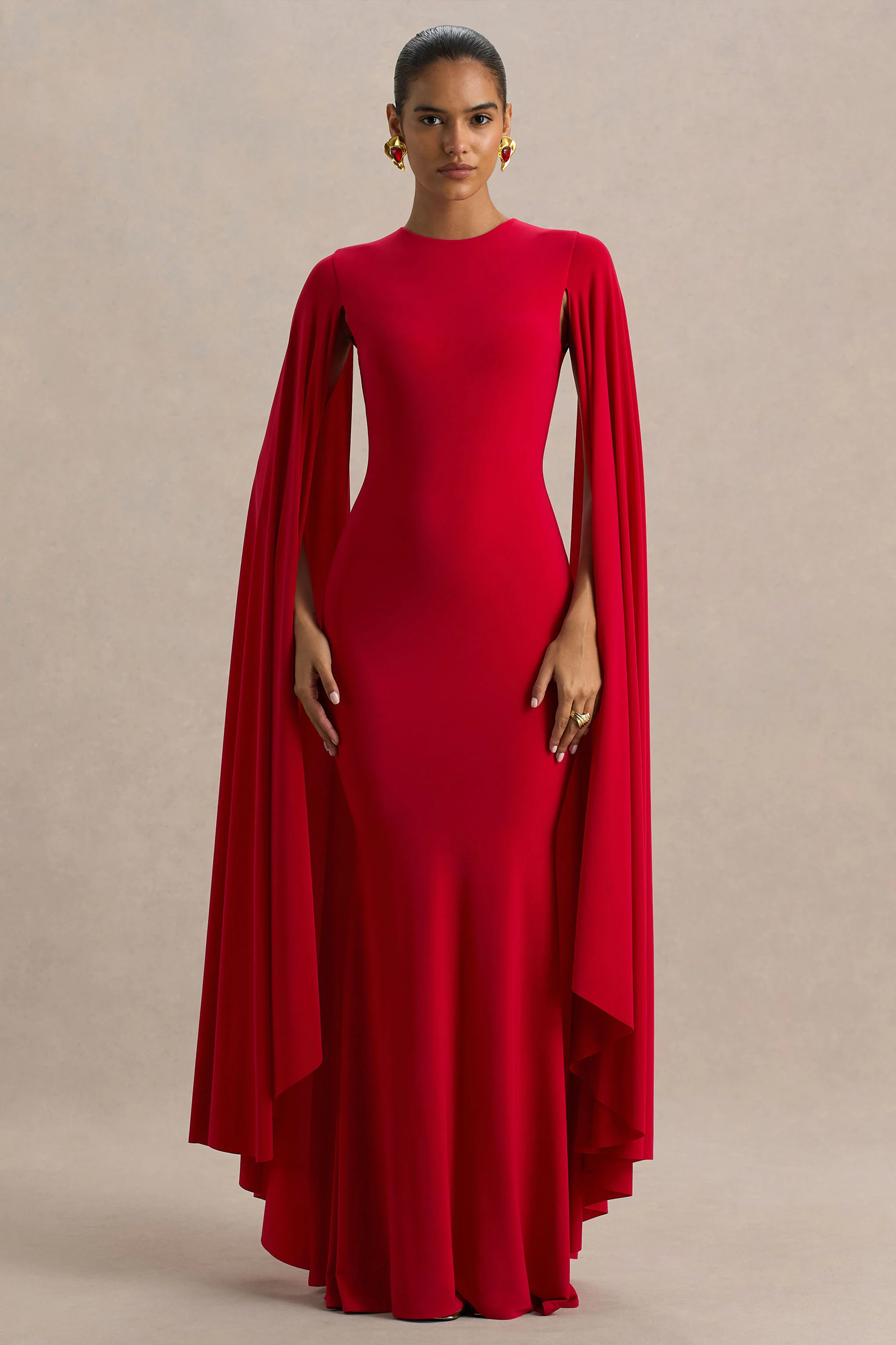 Briony | Red Crew-Neck Maxi Dress With Cape Sleeves - Image 5