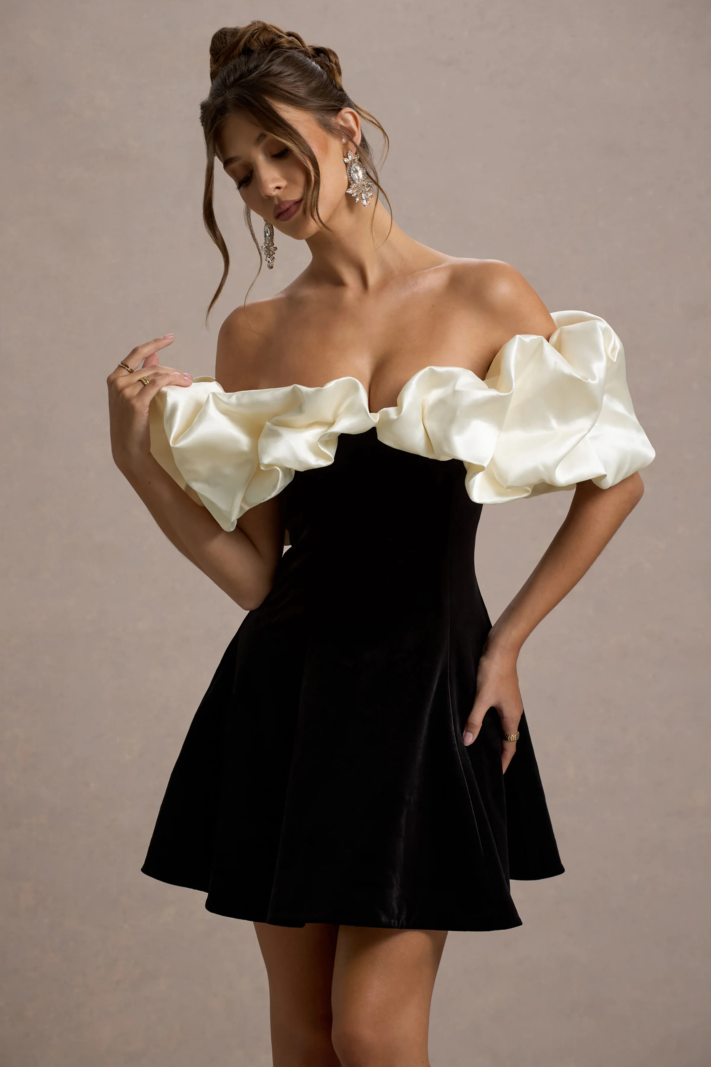 Brynne | Black & Cream Velvet Mini Dress With Satin Puff Sleeves - Image 3