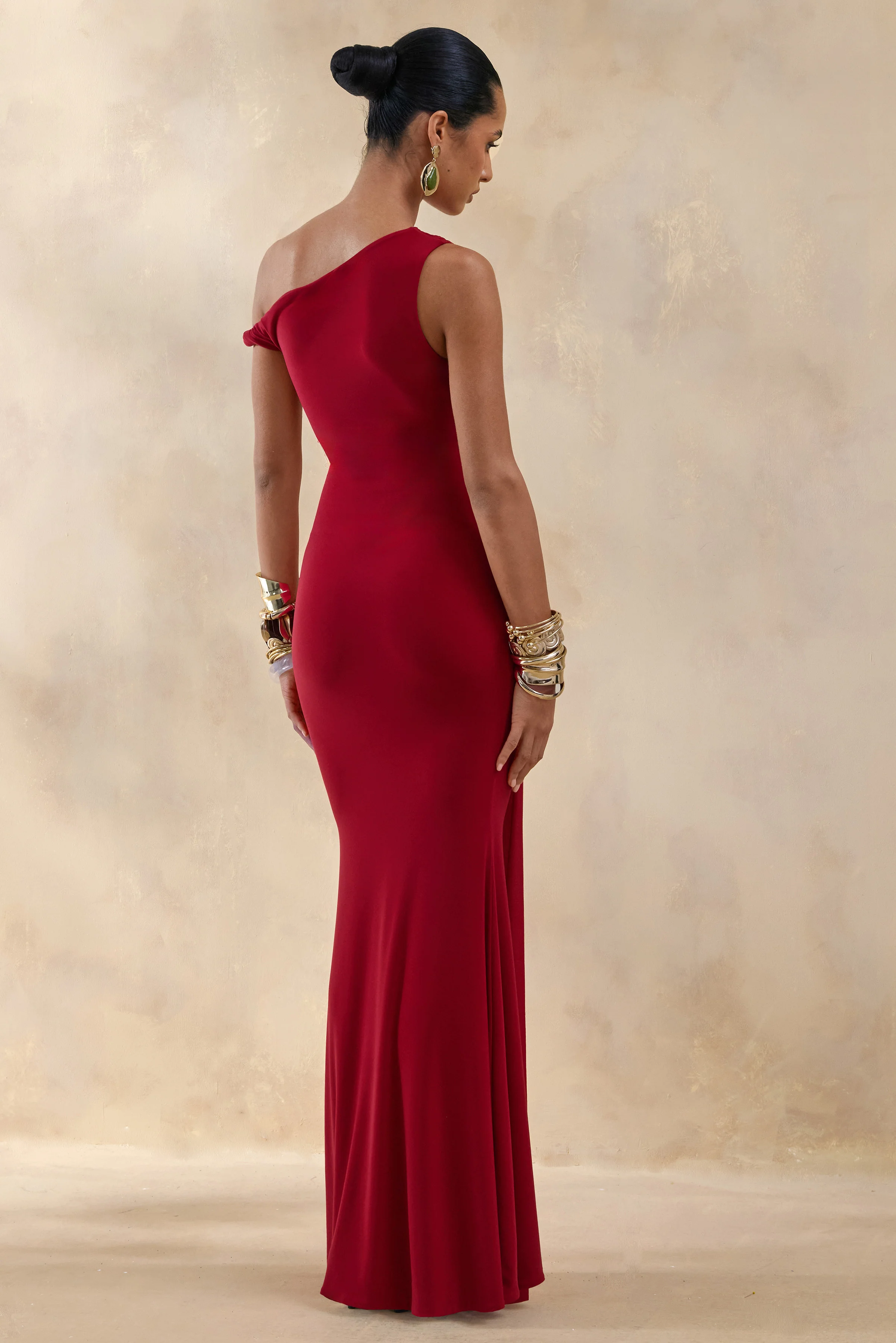 Caelia | Red Asymmetric-Neck Maxi Dress With Gold-Detailing And Sash - Image 2
