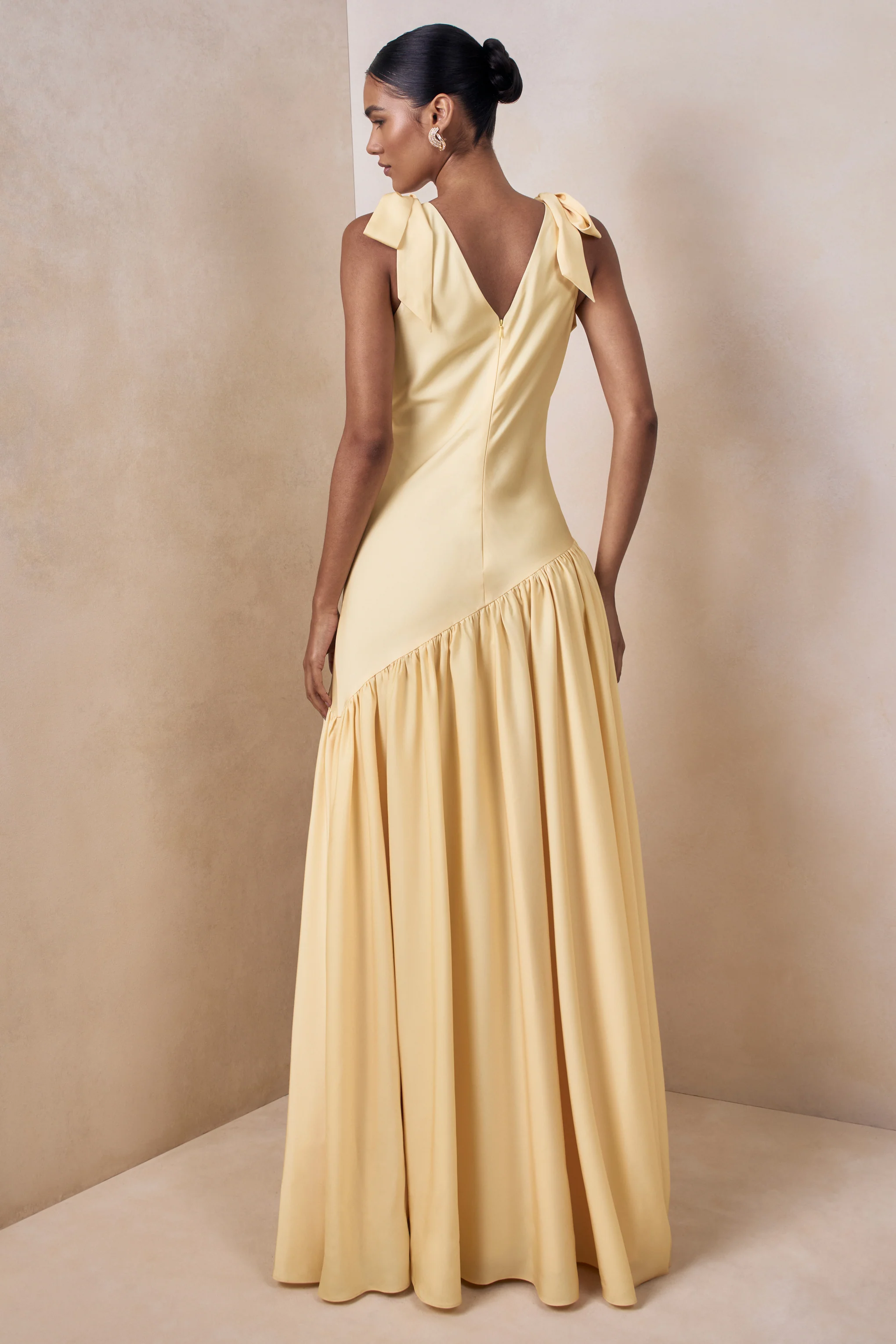 Cala | Lemon Matte Satin Plunge-Neck Maxi Dress With Bow-Sleeves - Image 2