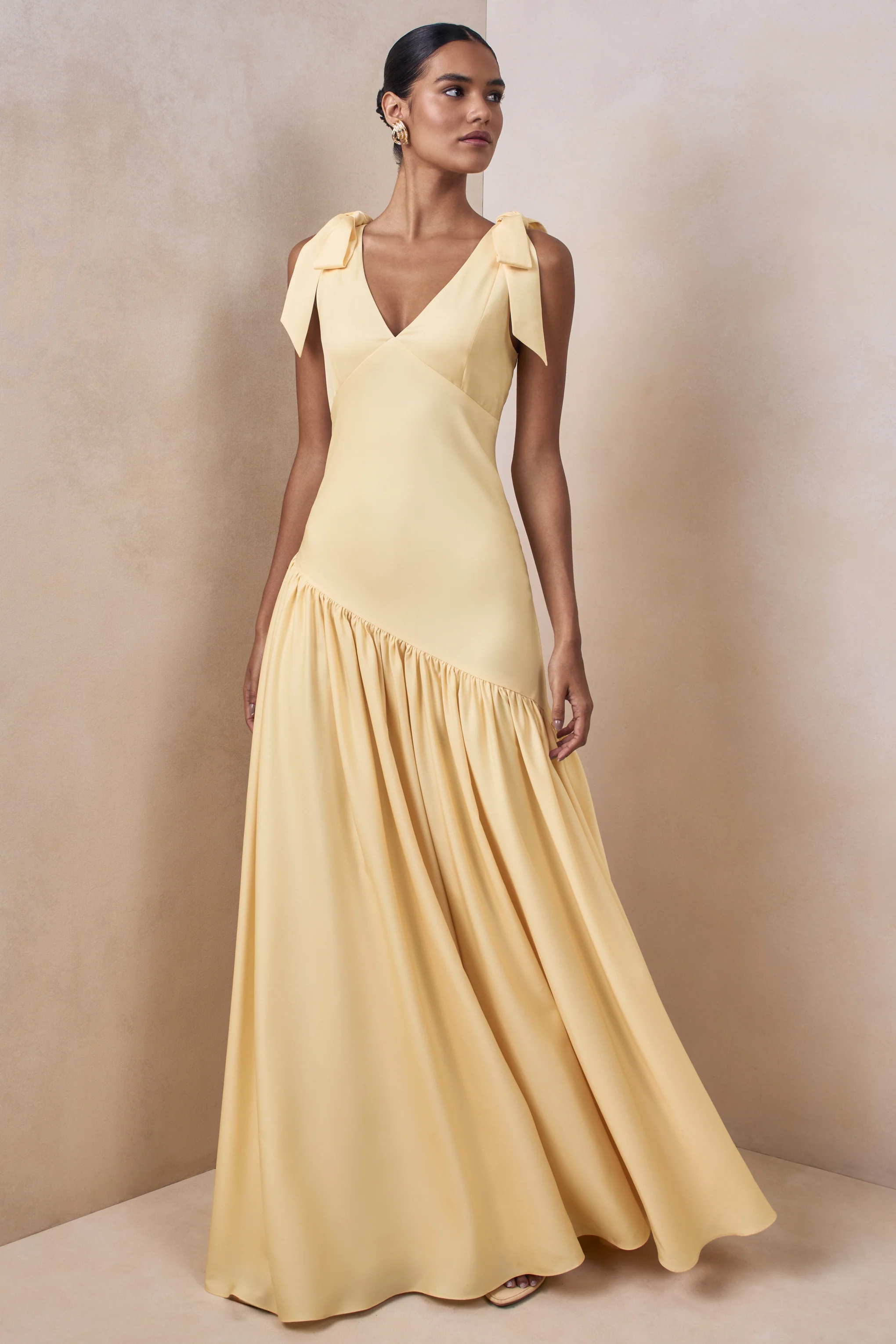 Cala | Lemon Matte Satin Plunge-Neck Maxi Dress With Bow-Sleeves - Image 4