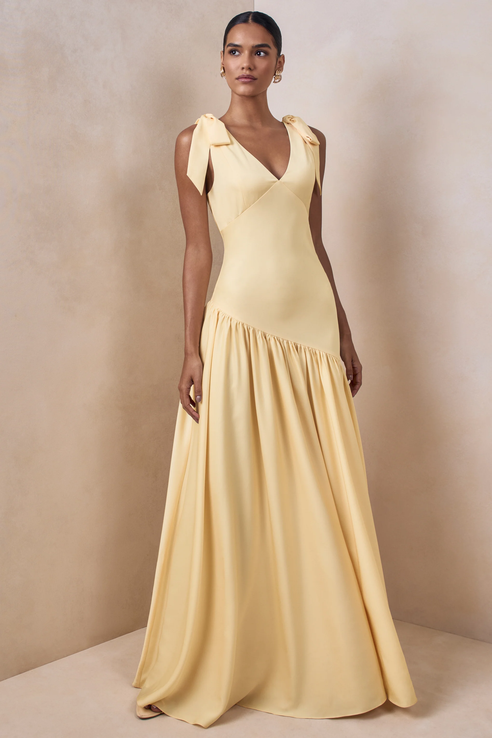 Cala | Lemon Matte Satin Plunge-Neck Maxi Dress With Bow-Sleeves - Image 5