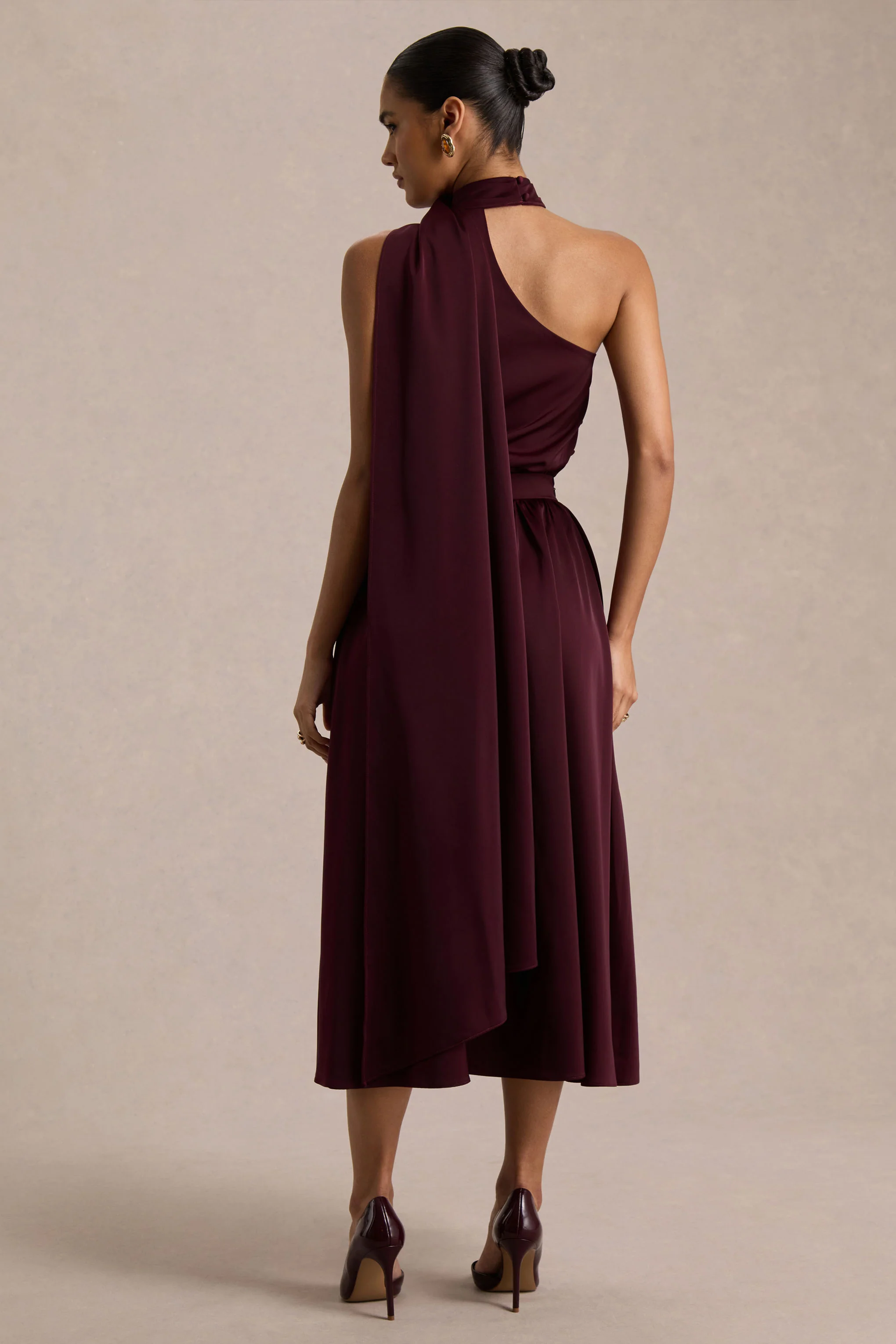 Caluna | Burgundy Satin Asymmetric-Neck Midi Dress With Scarf-Detail - Image 2