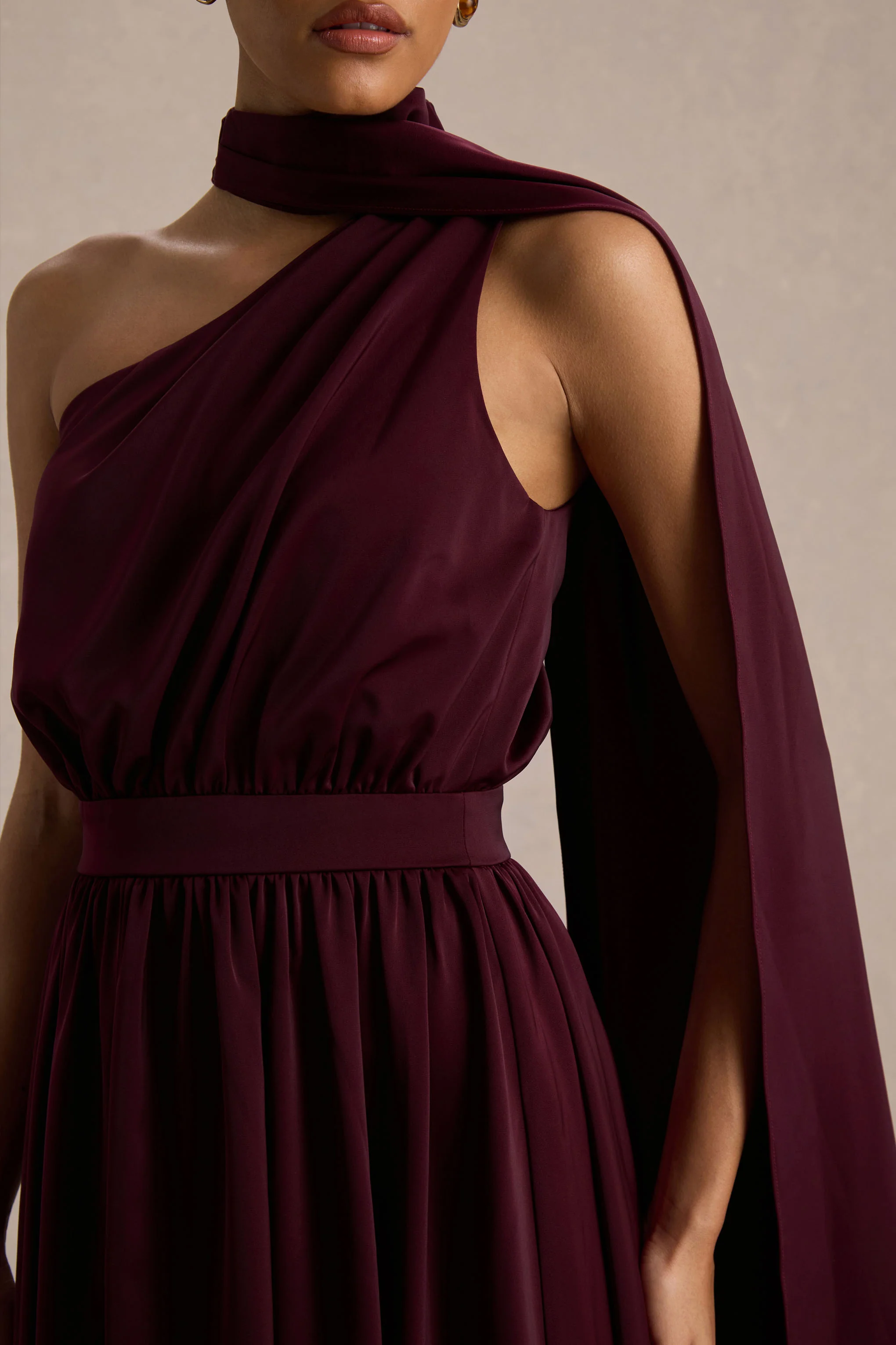 Caluna | Burgundy Satin Asymmetric-Neck Midi Dress With Scarf-Detail - Image 5