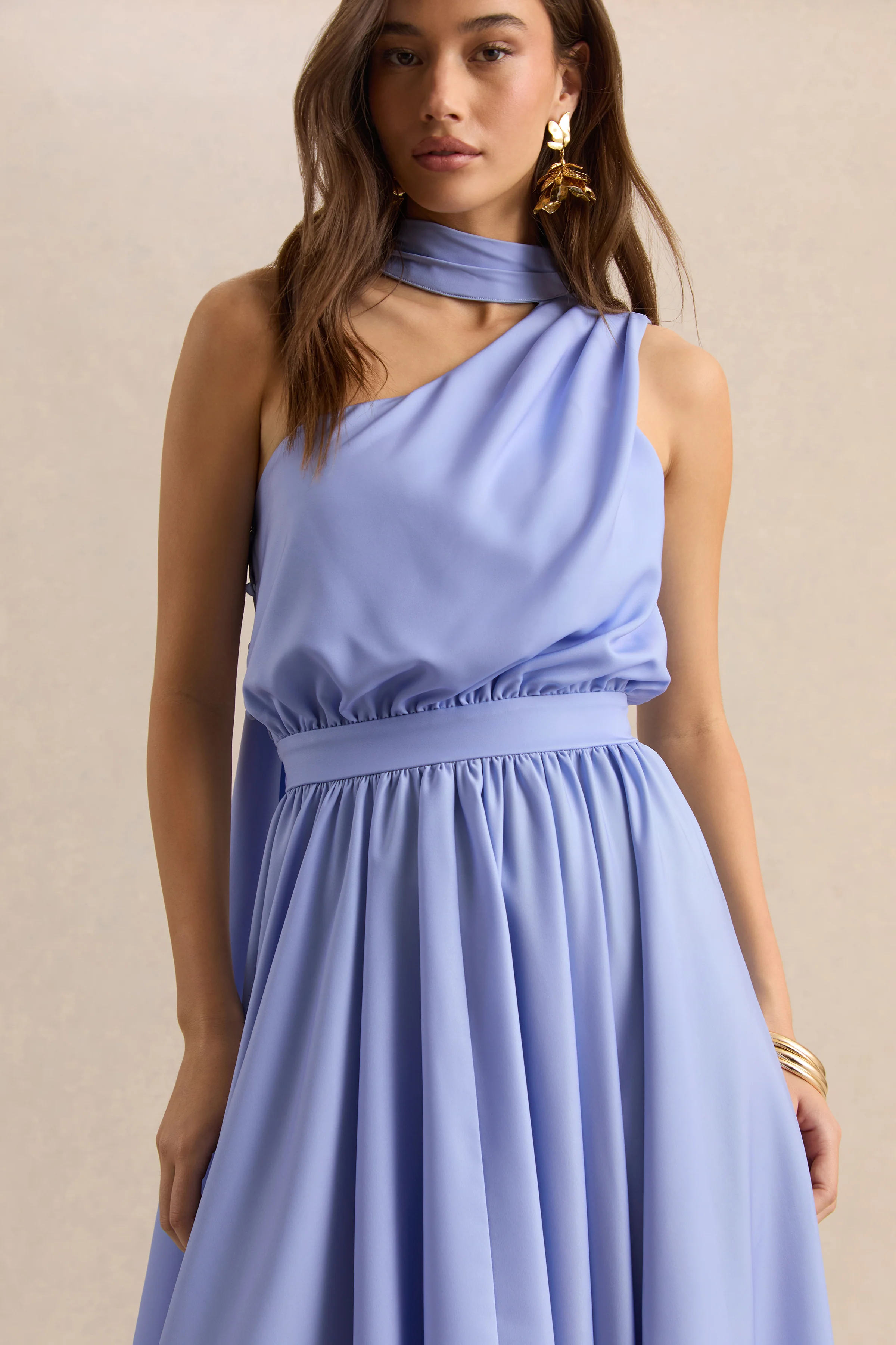 Caluna | Powder Blue Satin Asymmetric-Neck Midi Dress With Scarf-Detail - Image 3