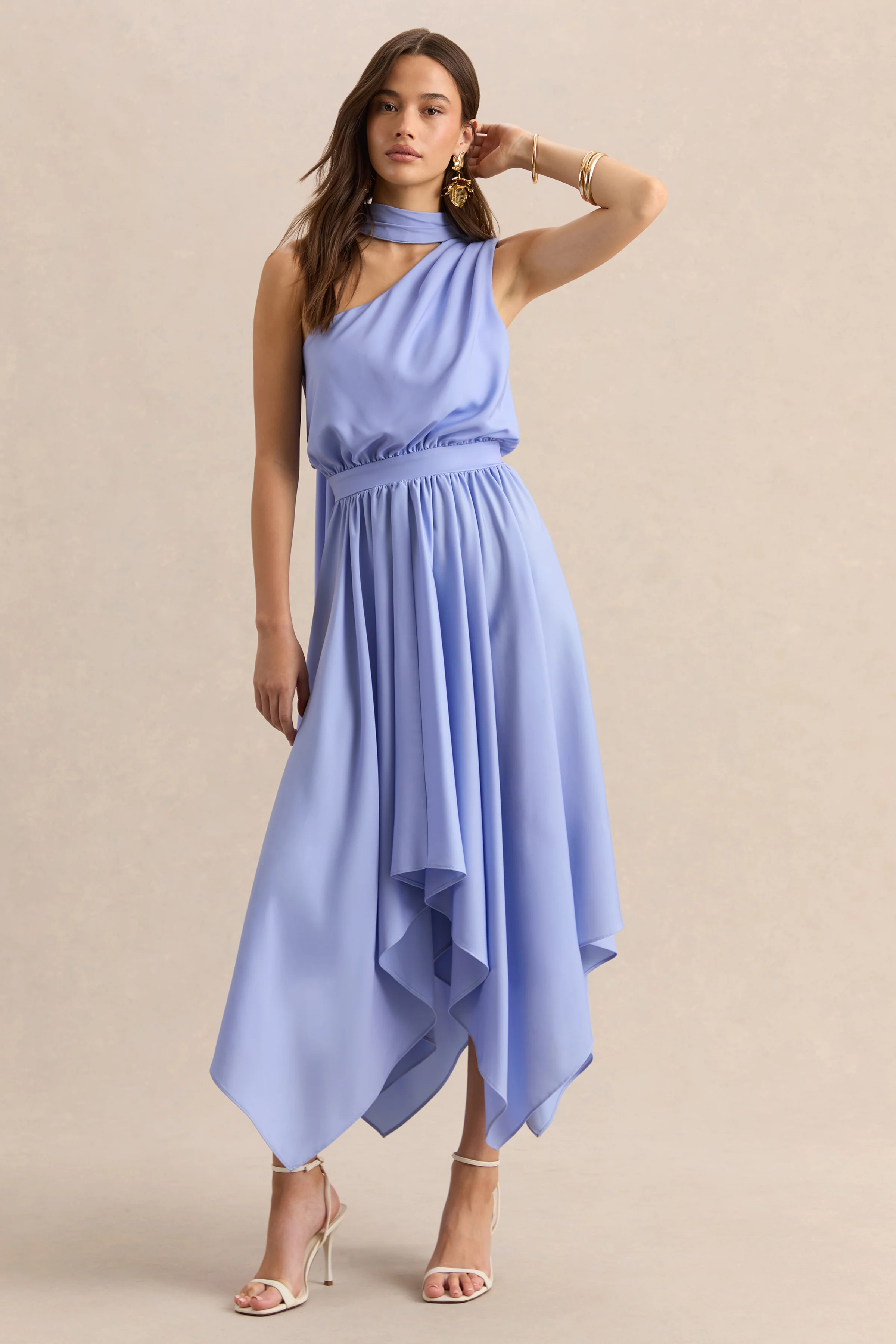 Caluna | Powder Blue Satin Asymmetric-Neck Midi Dress With Scarf-Detail - Image 4