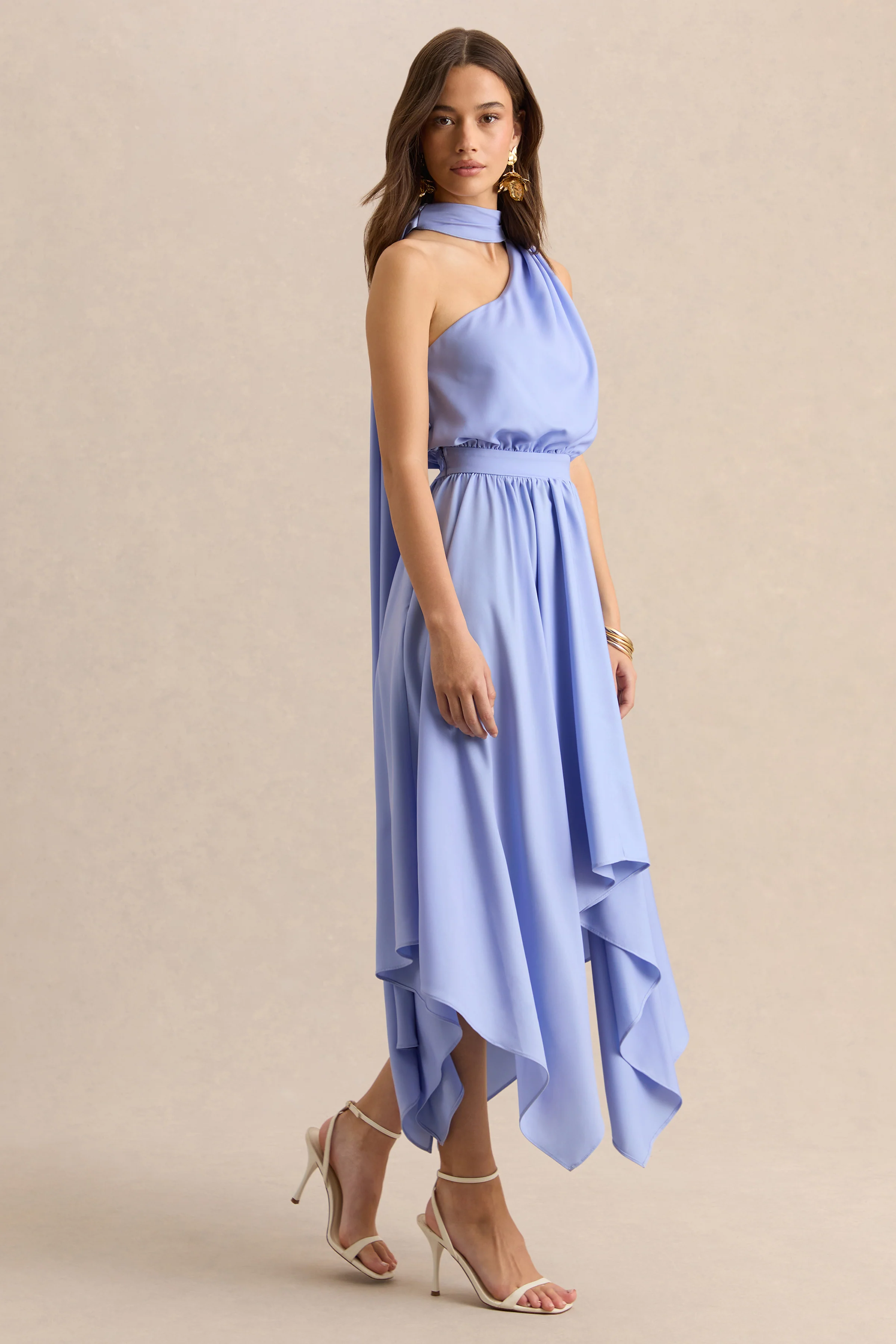 Caluna | Powder Blue Satin Asymmetric-Neck Midi Dress With Scarf-Detail - Image 5