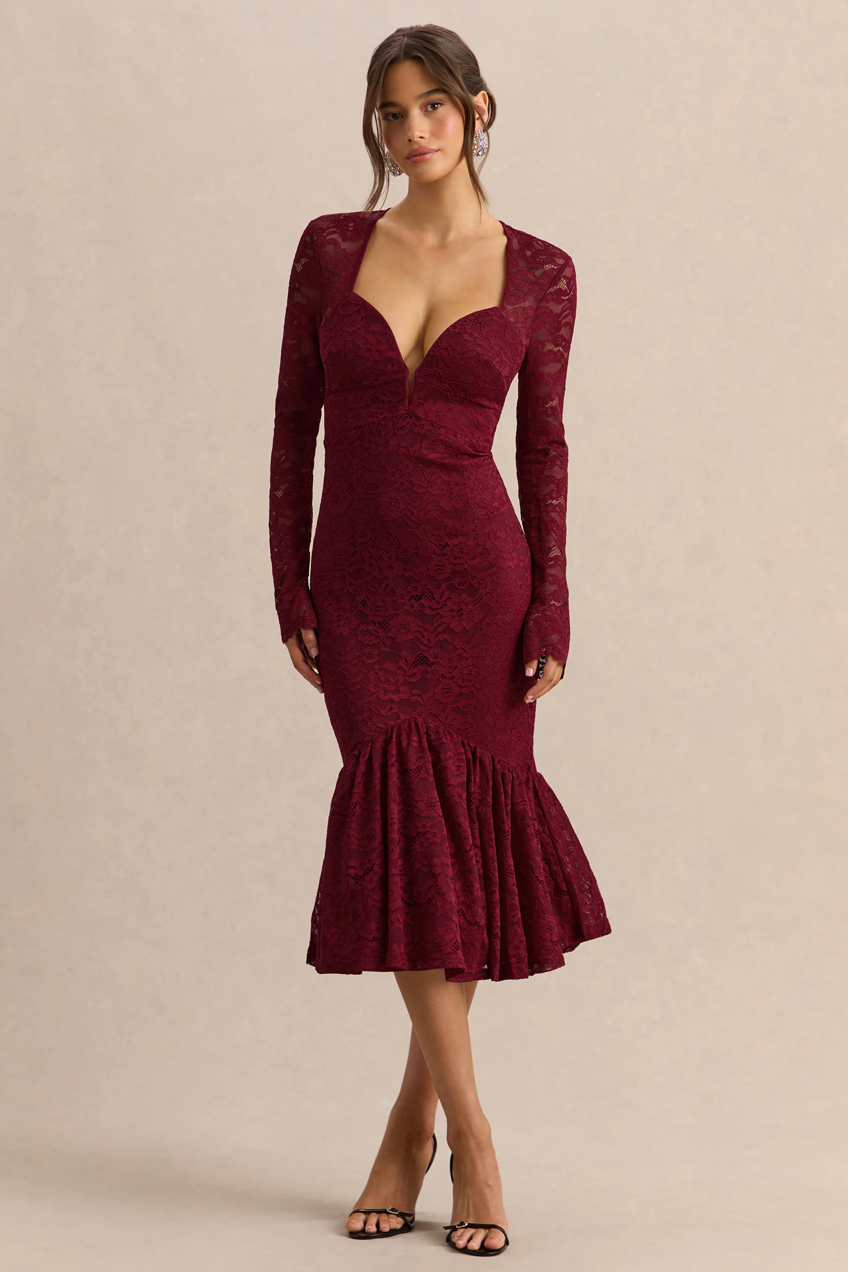 Camilly | Burgundy Lace Plunge-Neck Mermaid Midi Dress