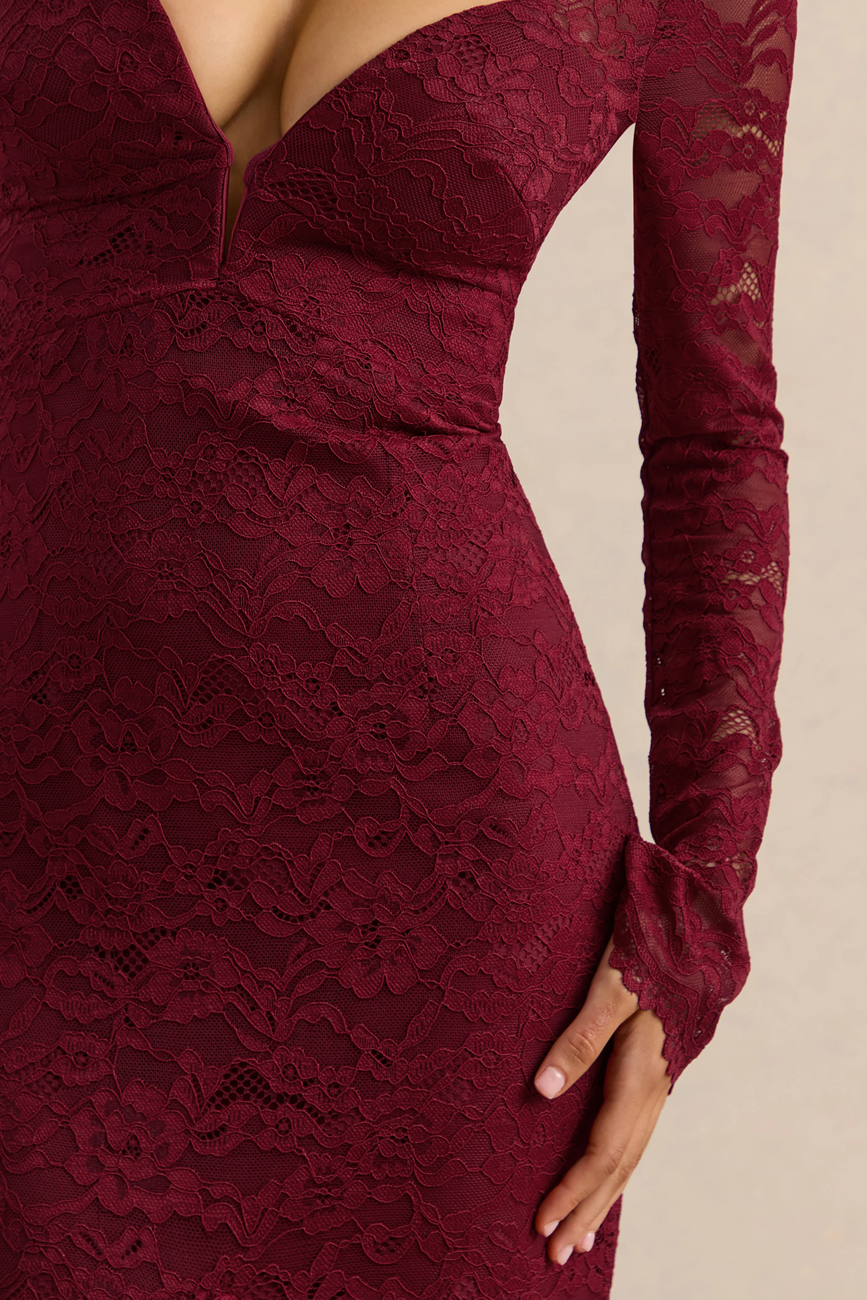 Camilly | Burgundy Lace Plunge-Neck Mermaid Midi Dress - Image 10