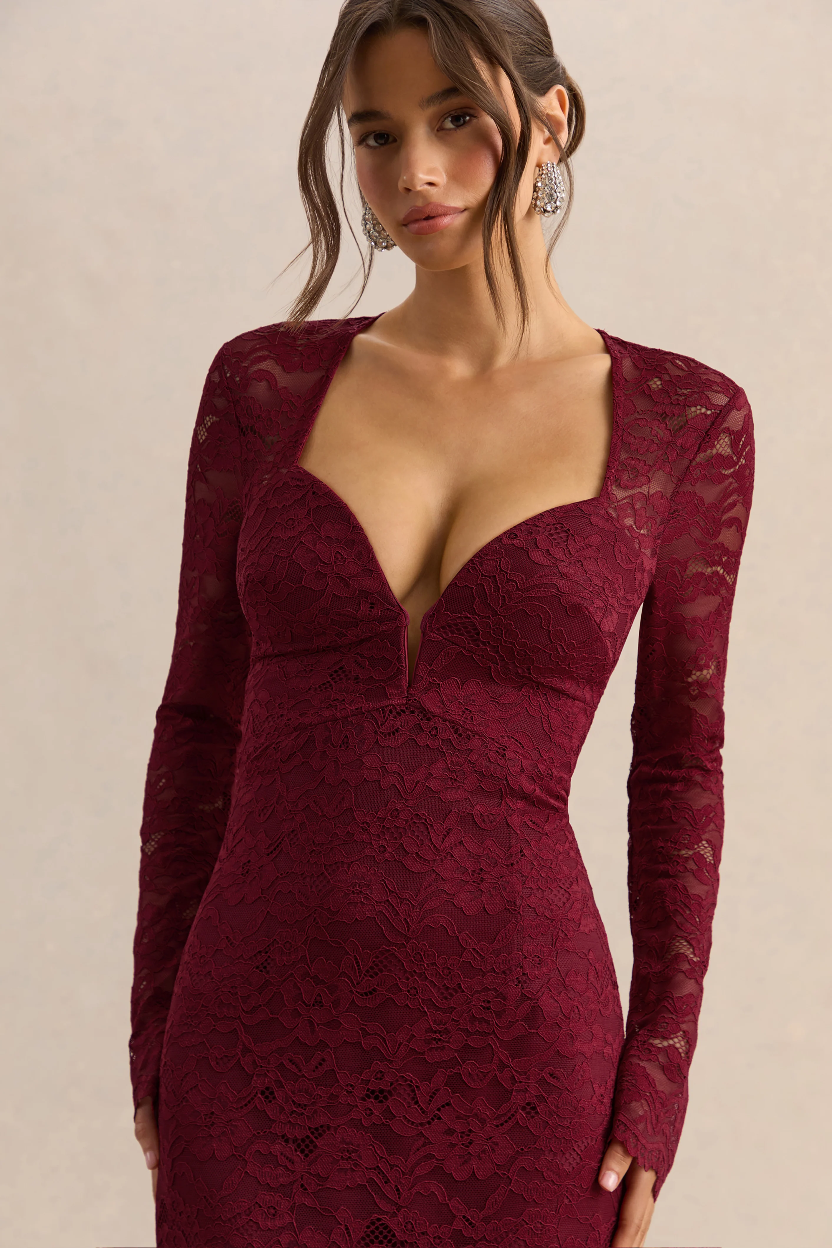 Camilly | Burgundy Lace Plunge-Neck Mermaid Midi Dress - Image 7