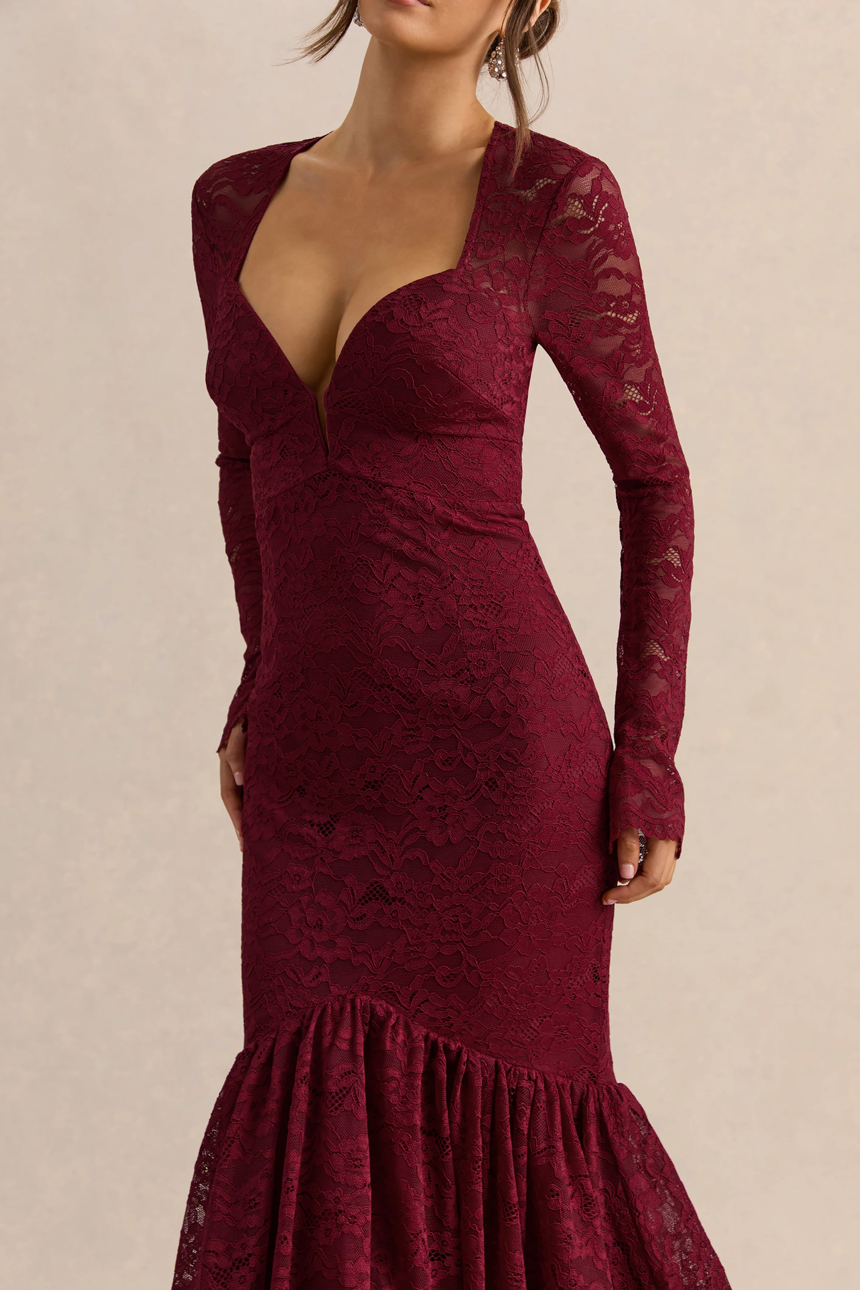 Camilly | Burgundy Lace Plunge-Neck Mermaid Midi Dress - Image 8