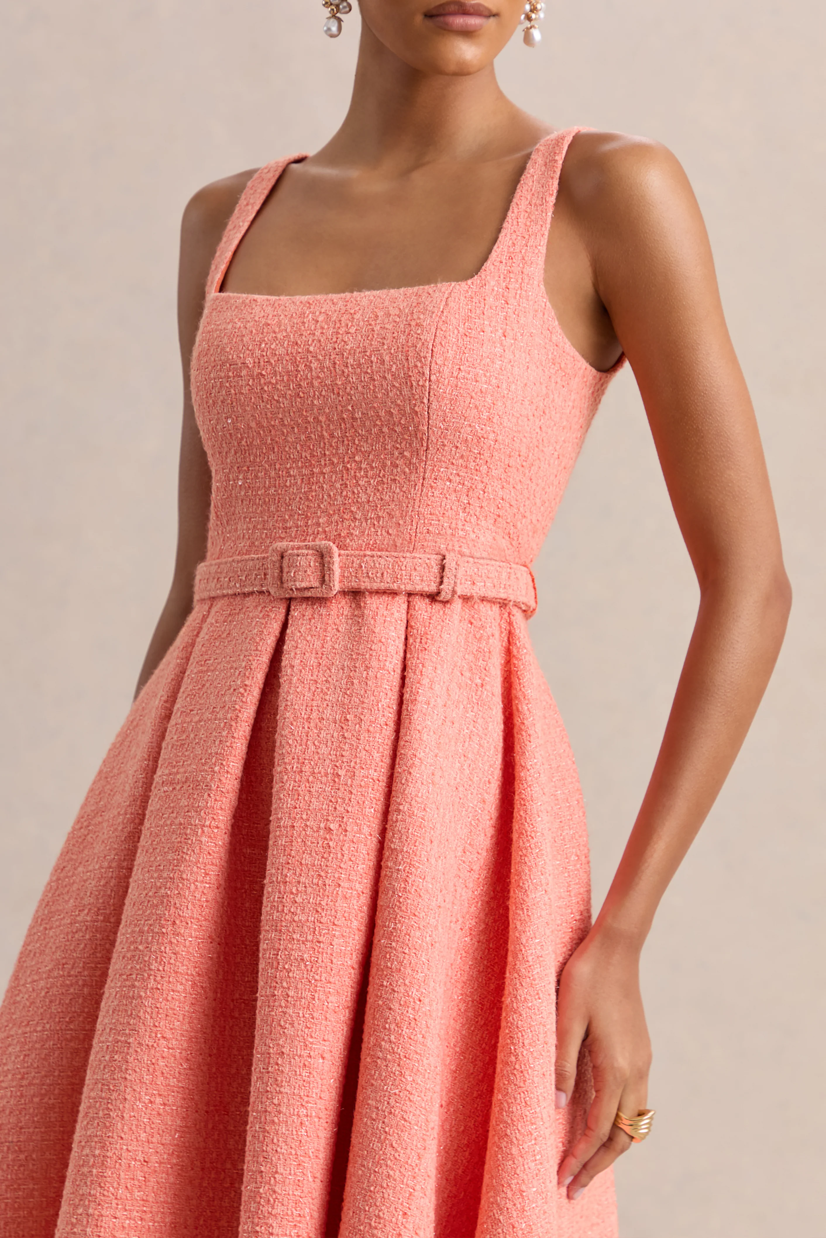 Camoria | Coral Boucle Square-Neck Midi Dress - Image 3