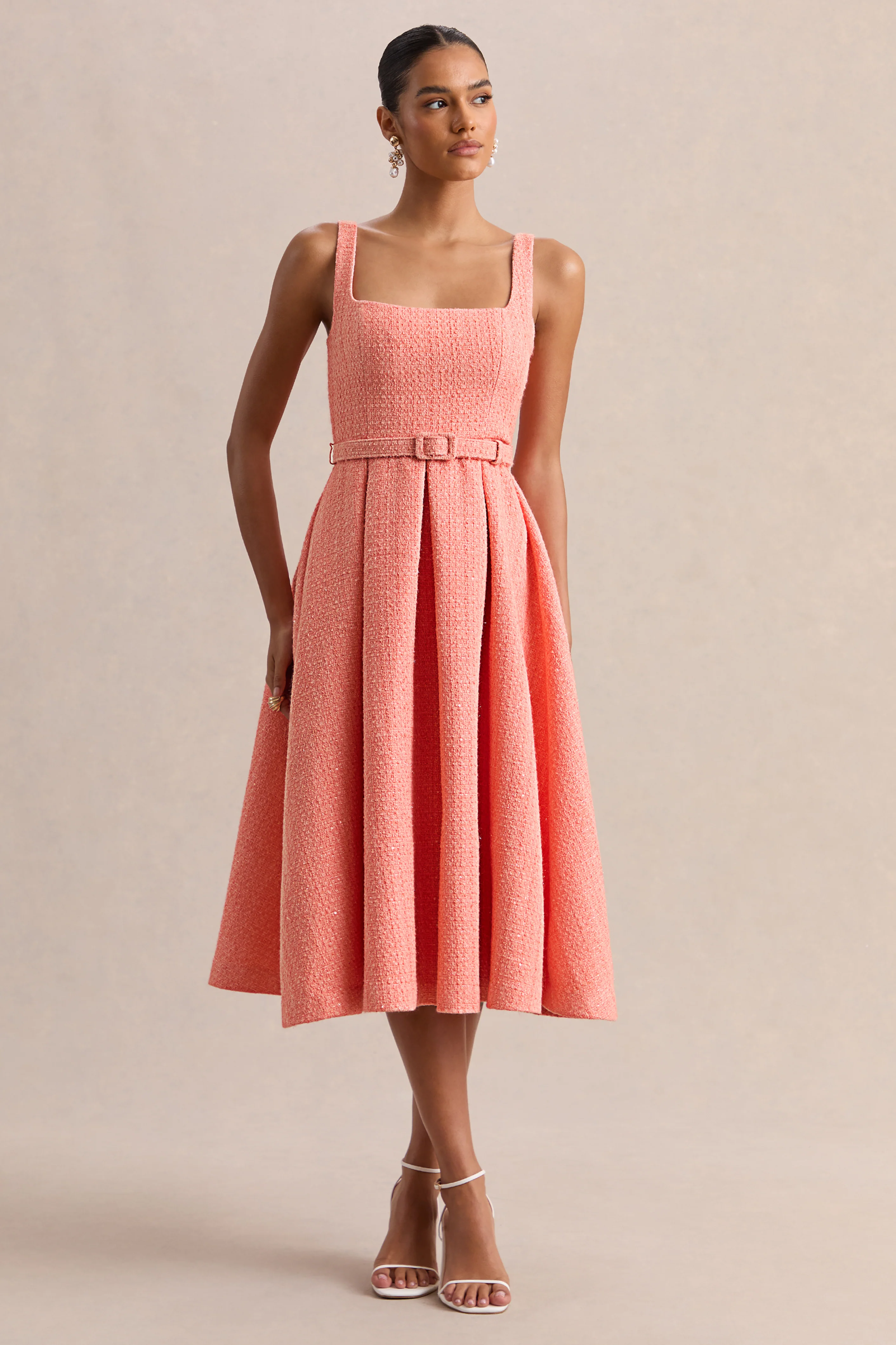 Camoria | Coral Boucle Square-Neck Midi Dress - Image 4
