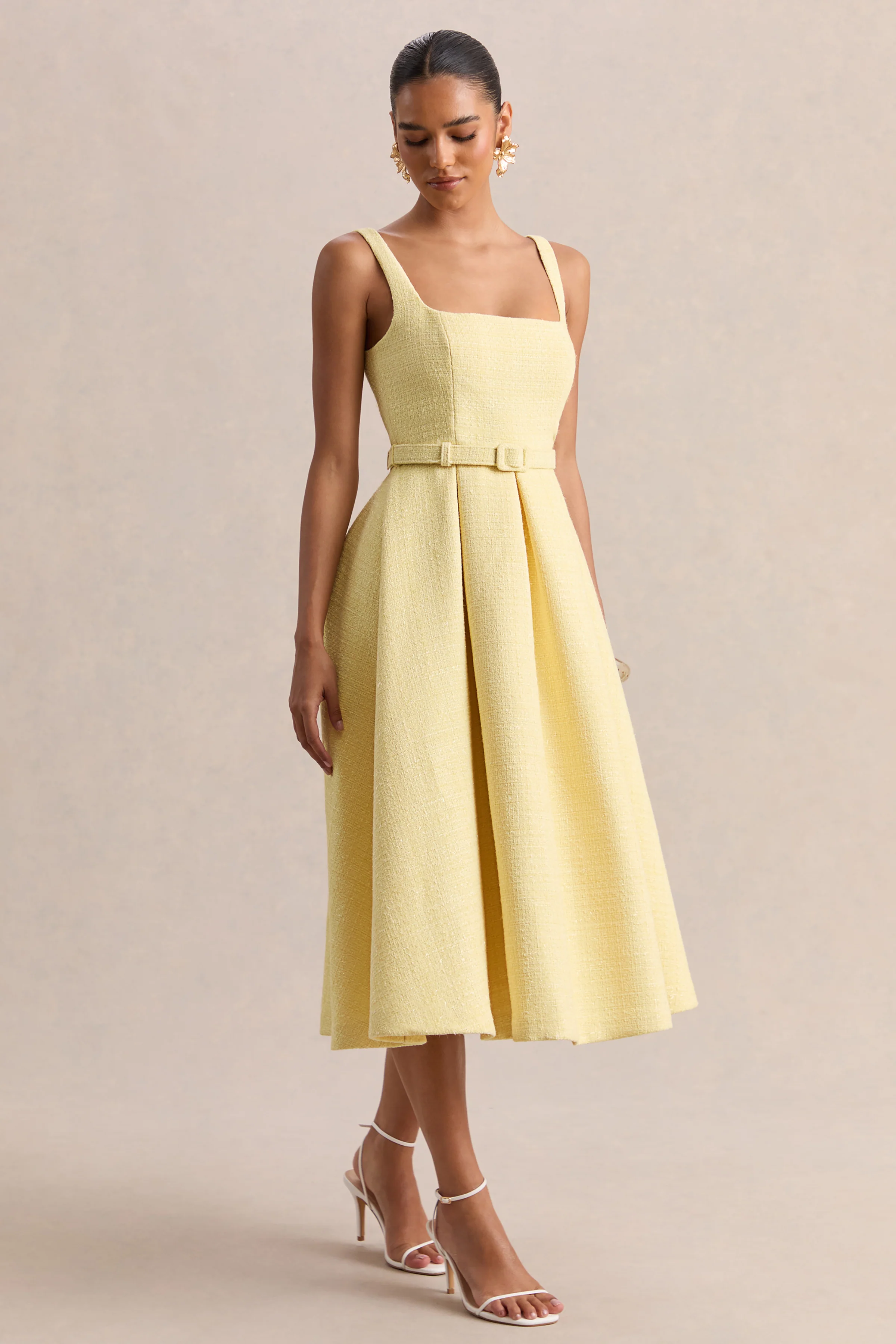 Camoria | Lemon Boucle Square-Neck Midi Dress - Image 5