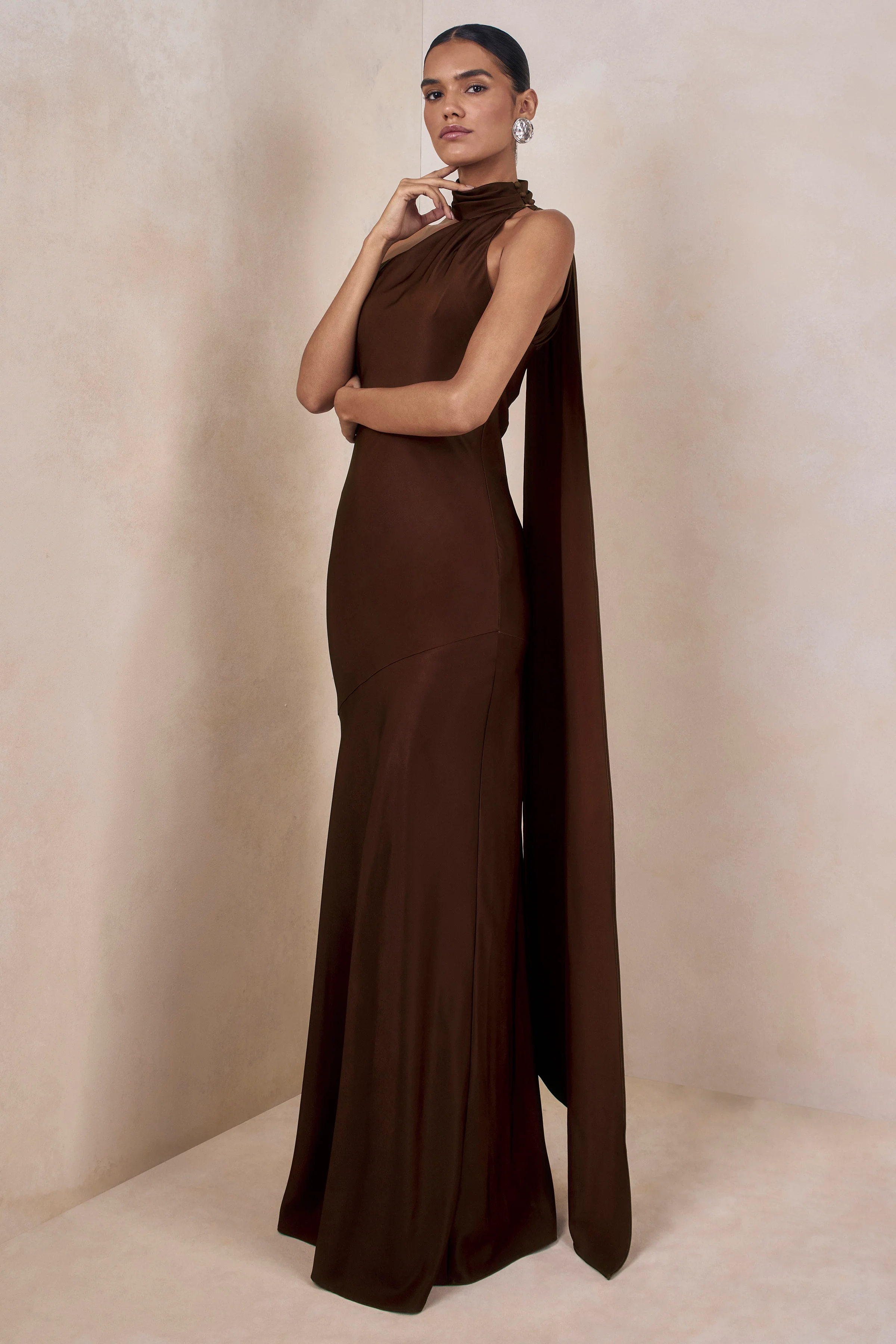 Cara | Brown Matte Satin High-Neck Maxi Dress - Image 7