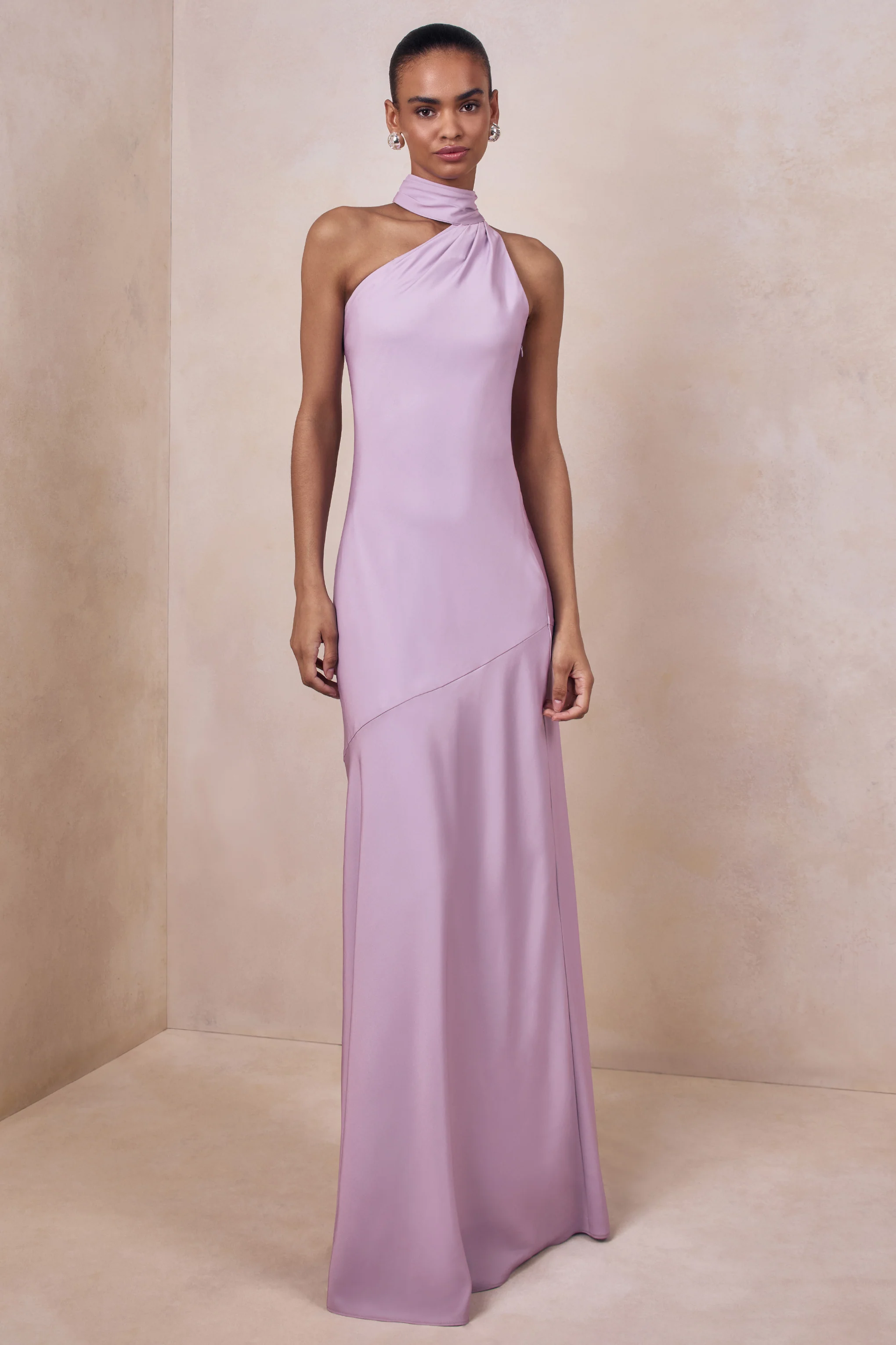 Cara | Lilac Matte Satin High-Neck Maxi Dress