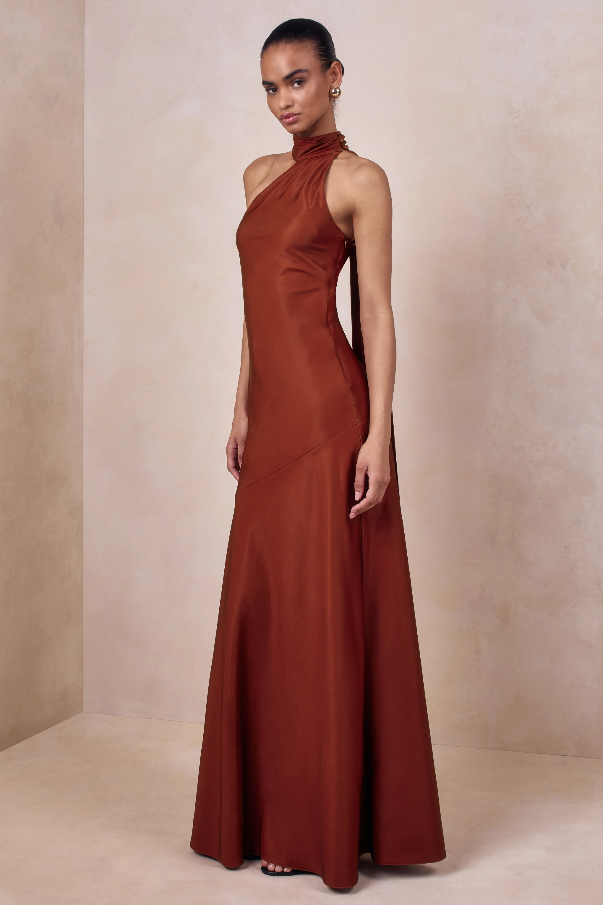 Cara | Rust Matte Satin High-Neck Maxi Dress - Image 4