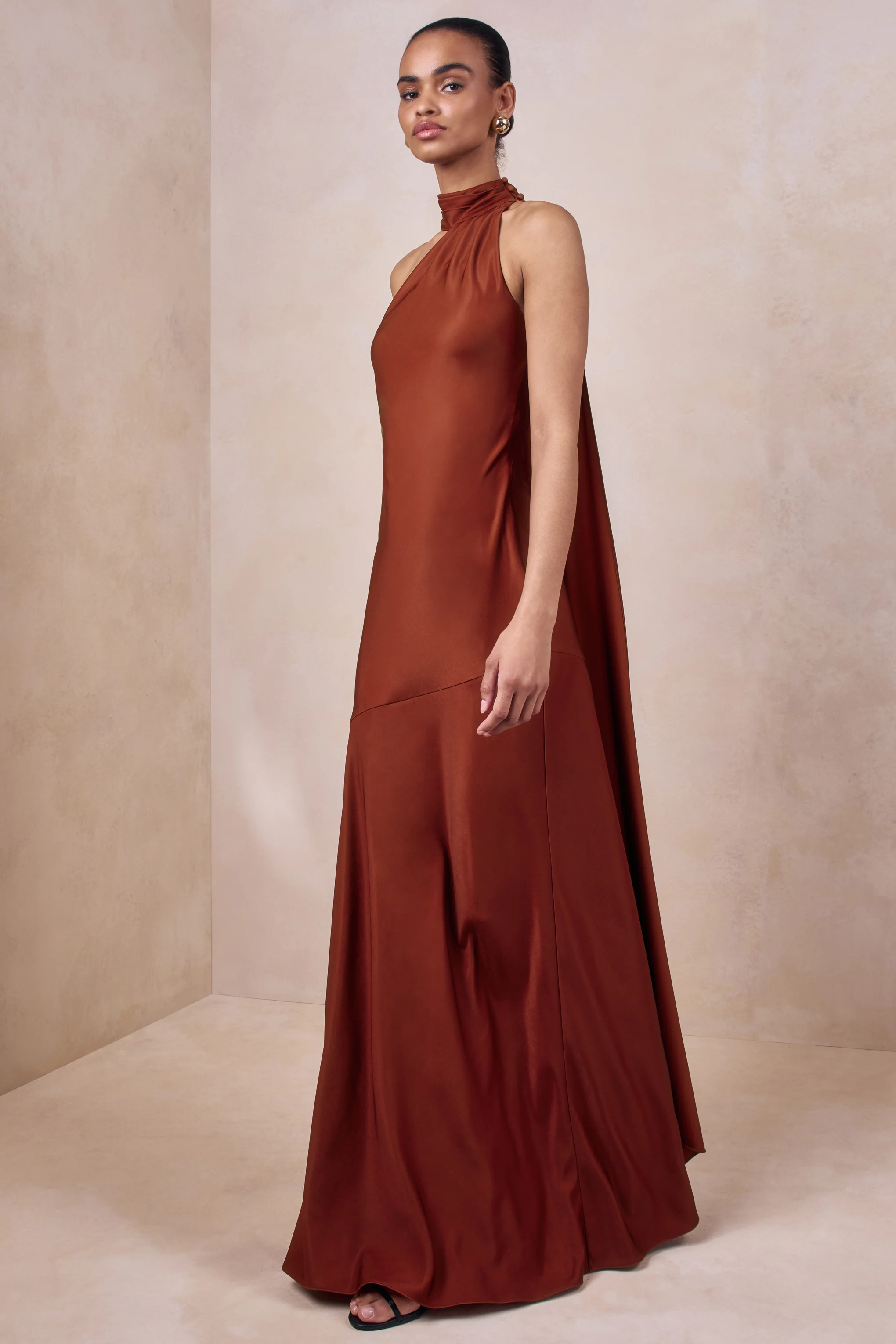 Cara | Rust Matte Satin High-Neck Maxi Dress - Image 5