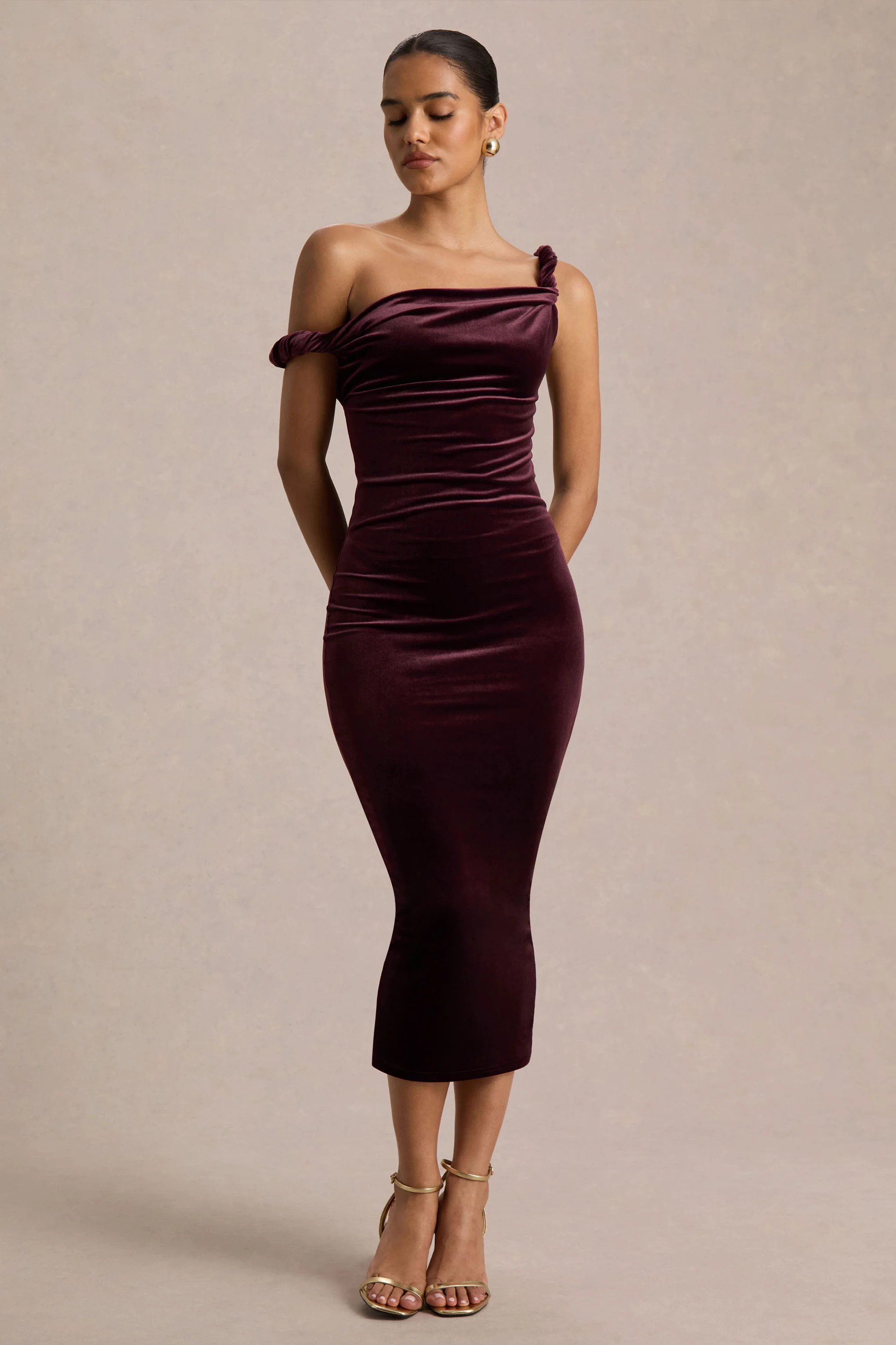 Carella | Burgundy Velvet Twisted Asymmetric Midi Dress - Image 5
