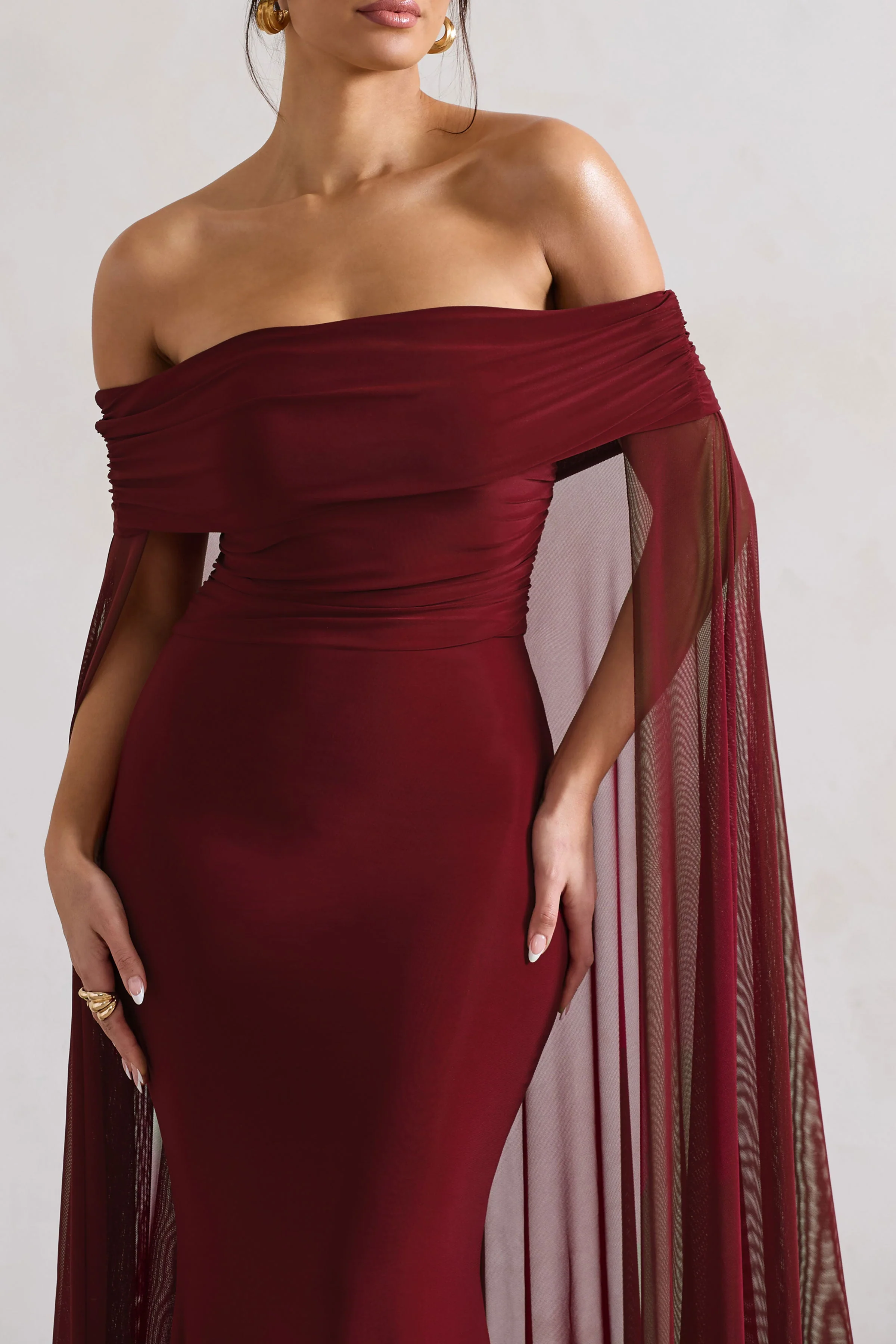 Carlotta | Berry Bardot Maxi Dress With Chiffon Cape - Image 3