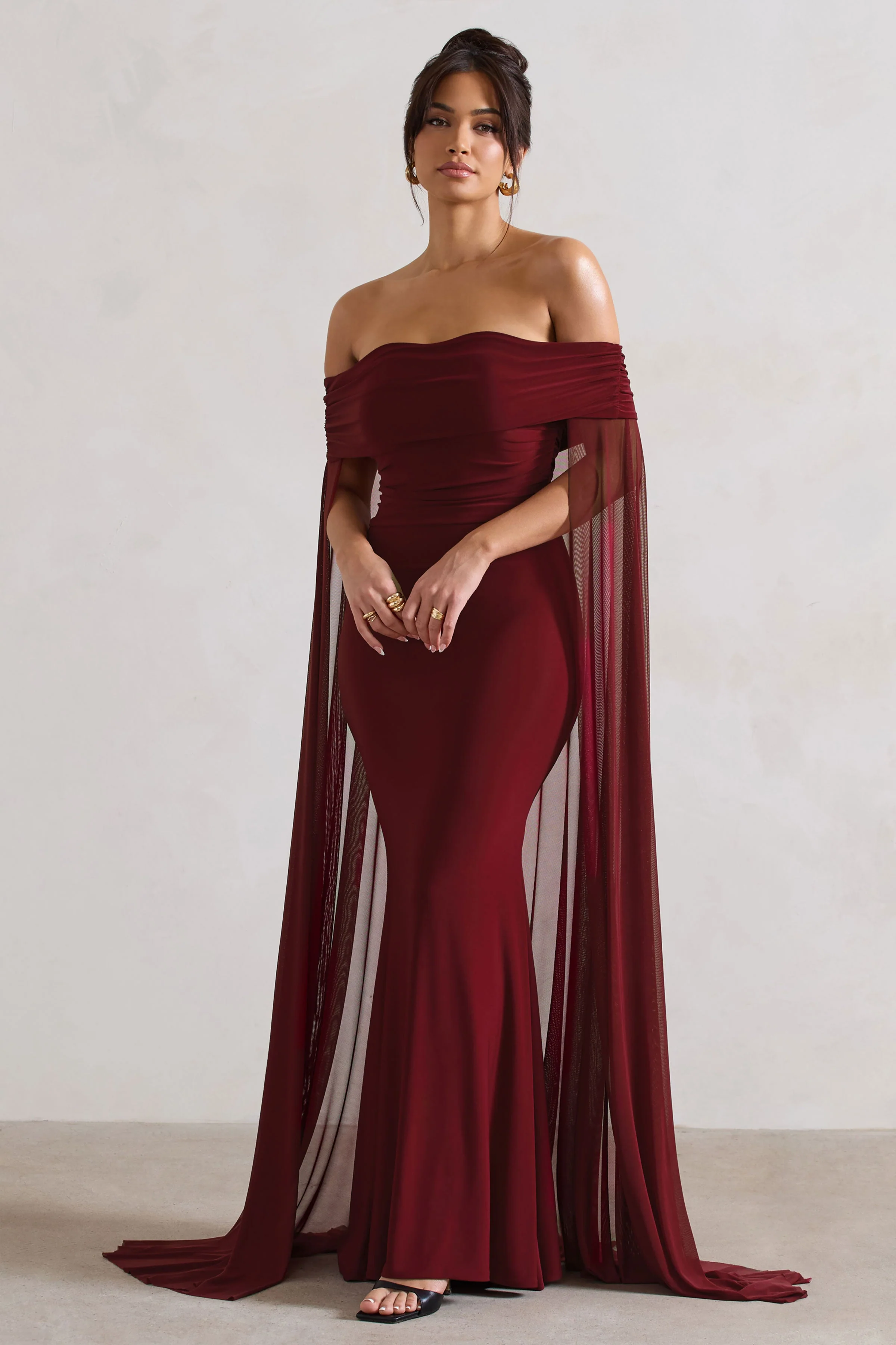 Carlotta | Berry Bardot Maxi Dress With Chiffon Cape - Image 5