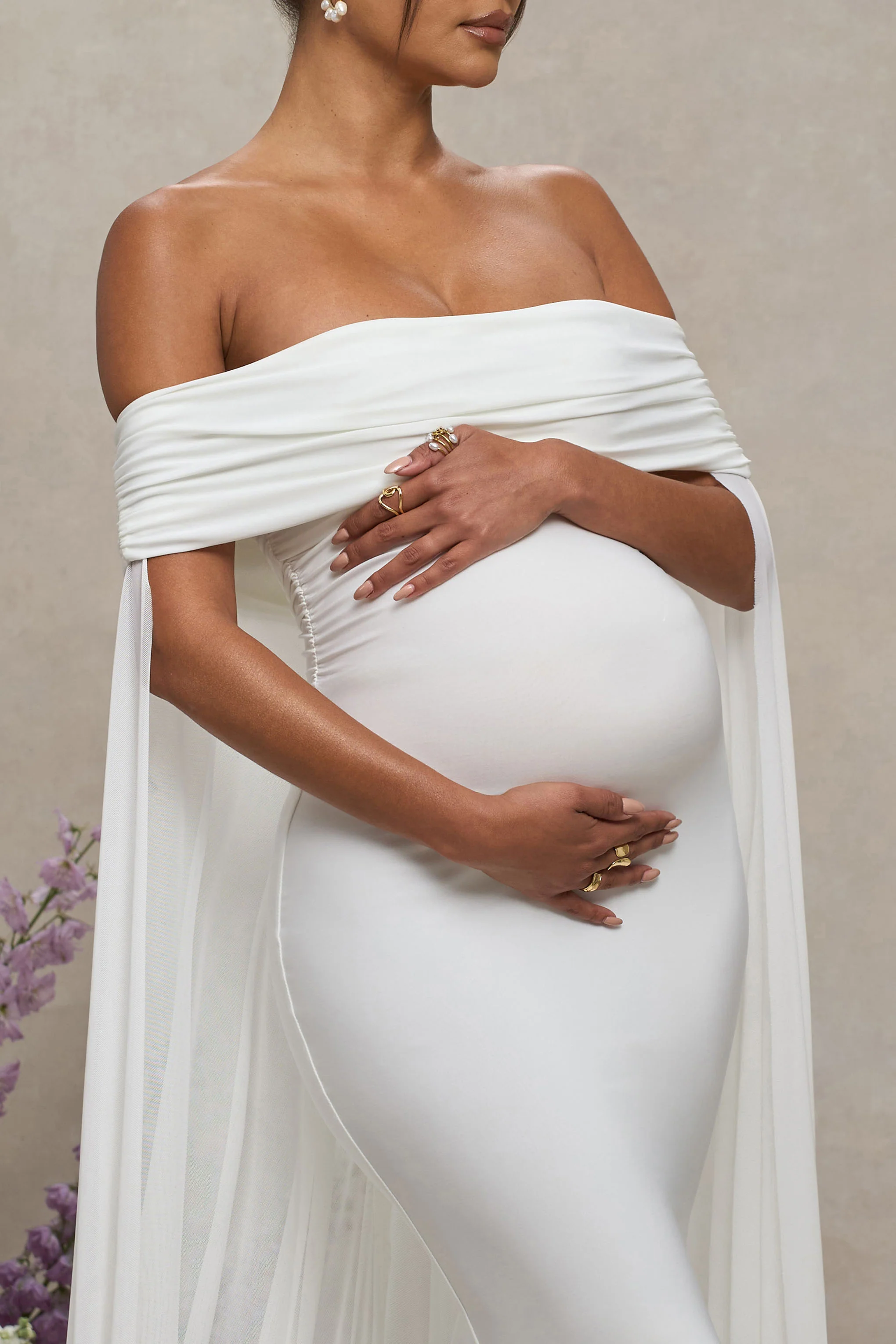 Carlotta | White Bardot Maternity Maxi Dress With Chiffon Cape - Image 3