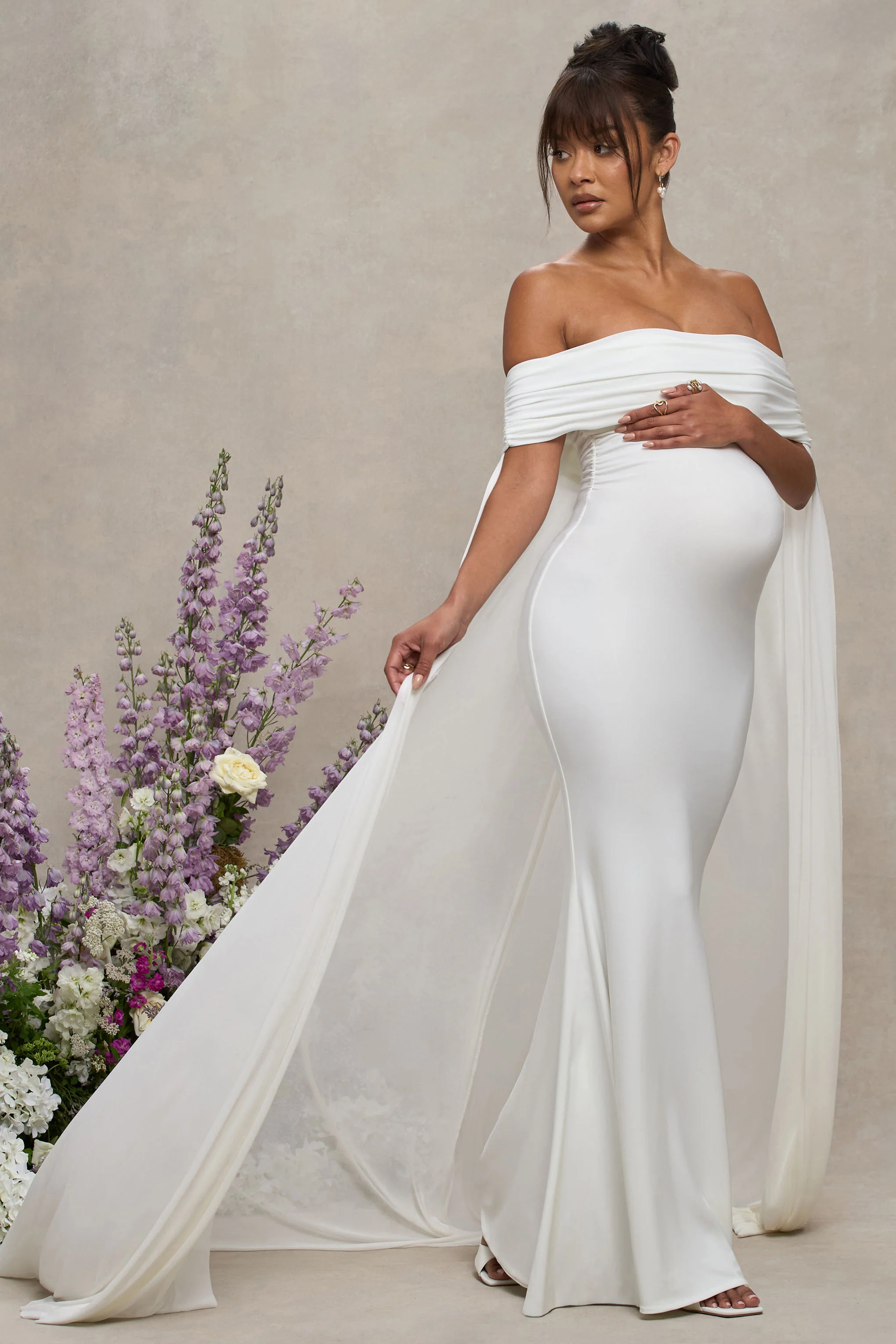 Carlotta | White Bardot Maternity Maxi Dress With Chiffon Cape - Image 4