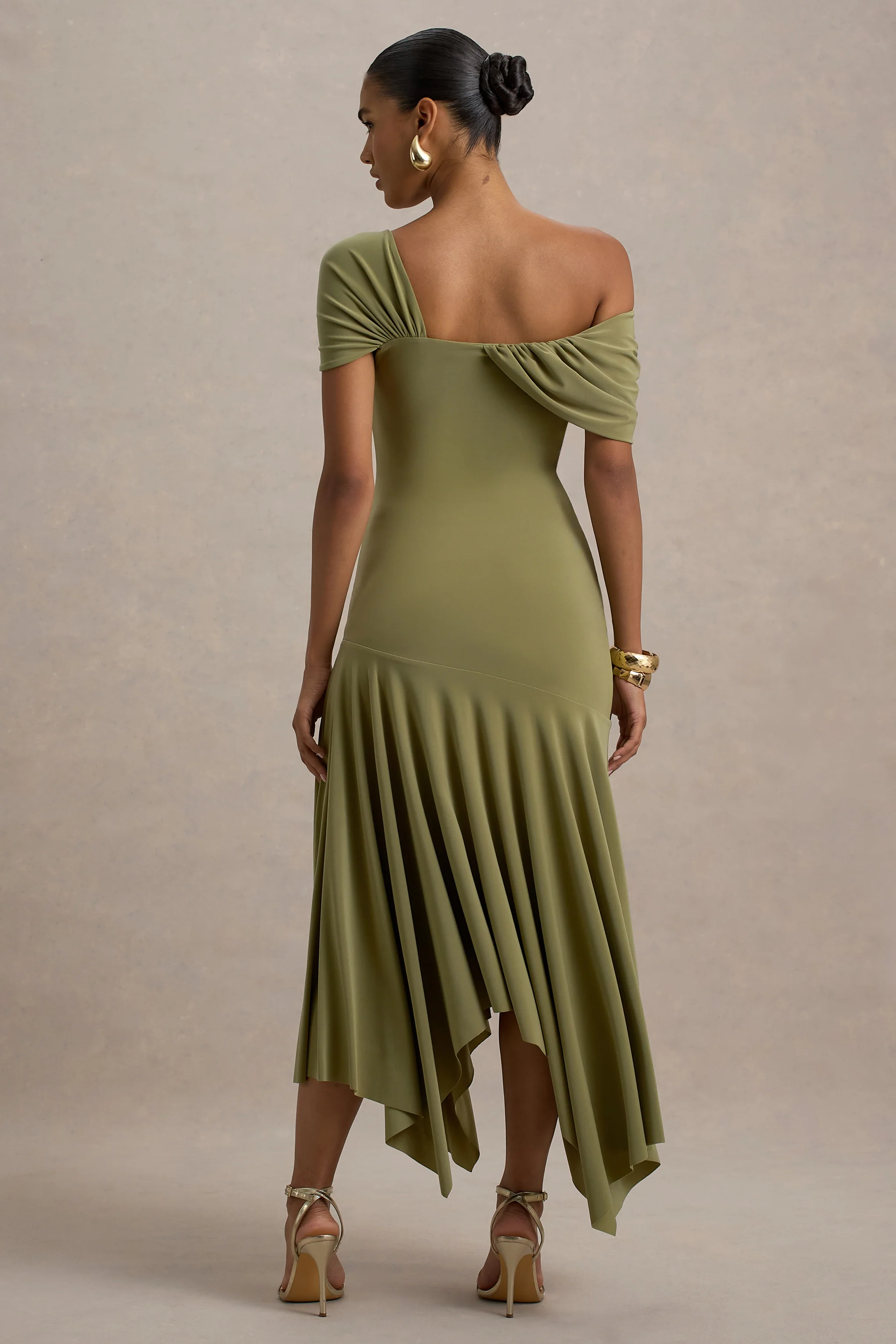 Castor | Olive Asymmetric Midi Dress - Image 2