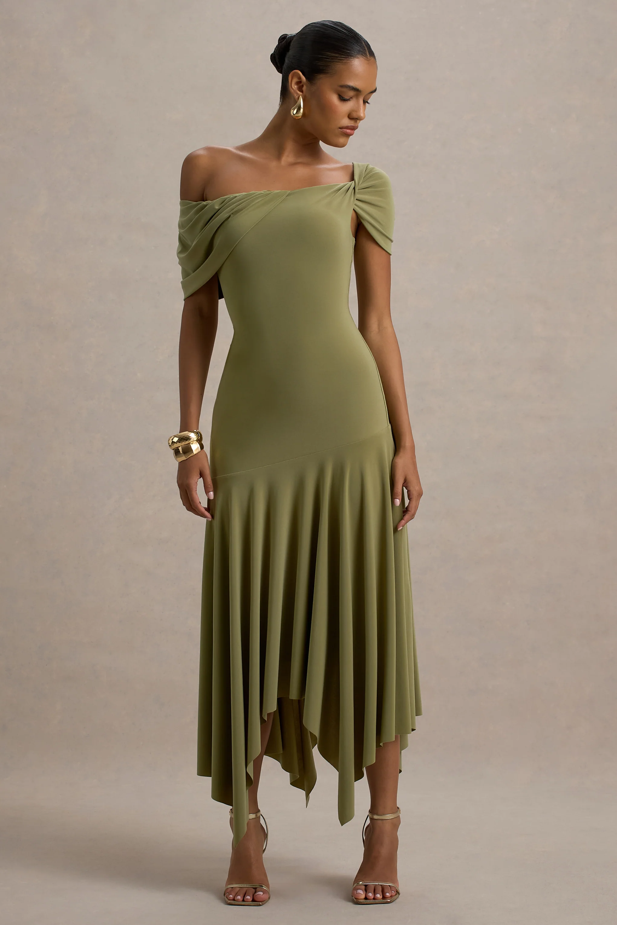 Castor | Olive Asymmetric Midi Dress - Image 4