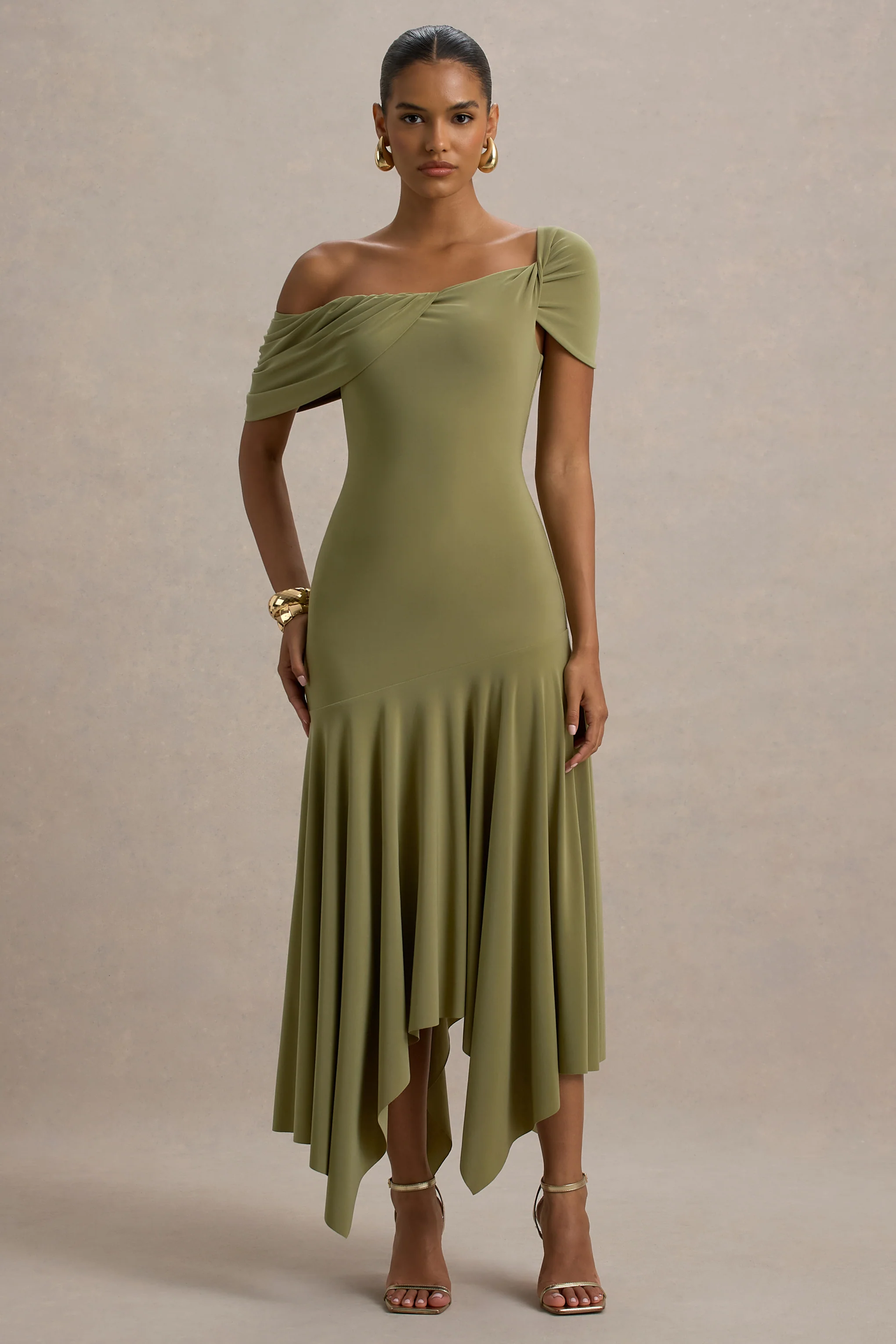 Castor | Olive Asymmetric Midi Dress - Image 5