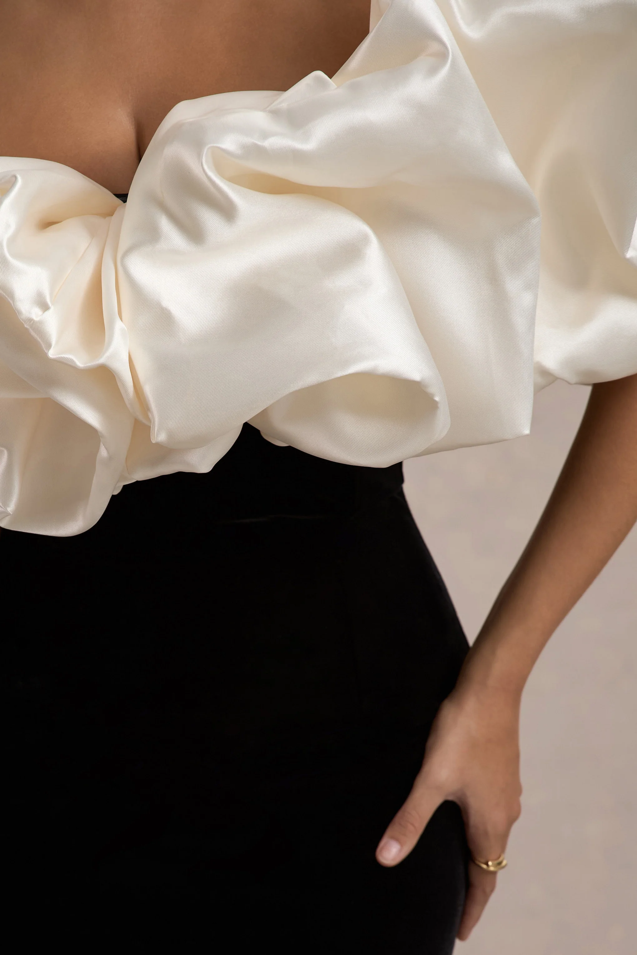 Cecily | Black Velvet Bardot Maxi Dress With Satin Ruffle Trim - Image 6