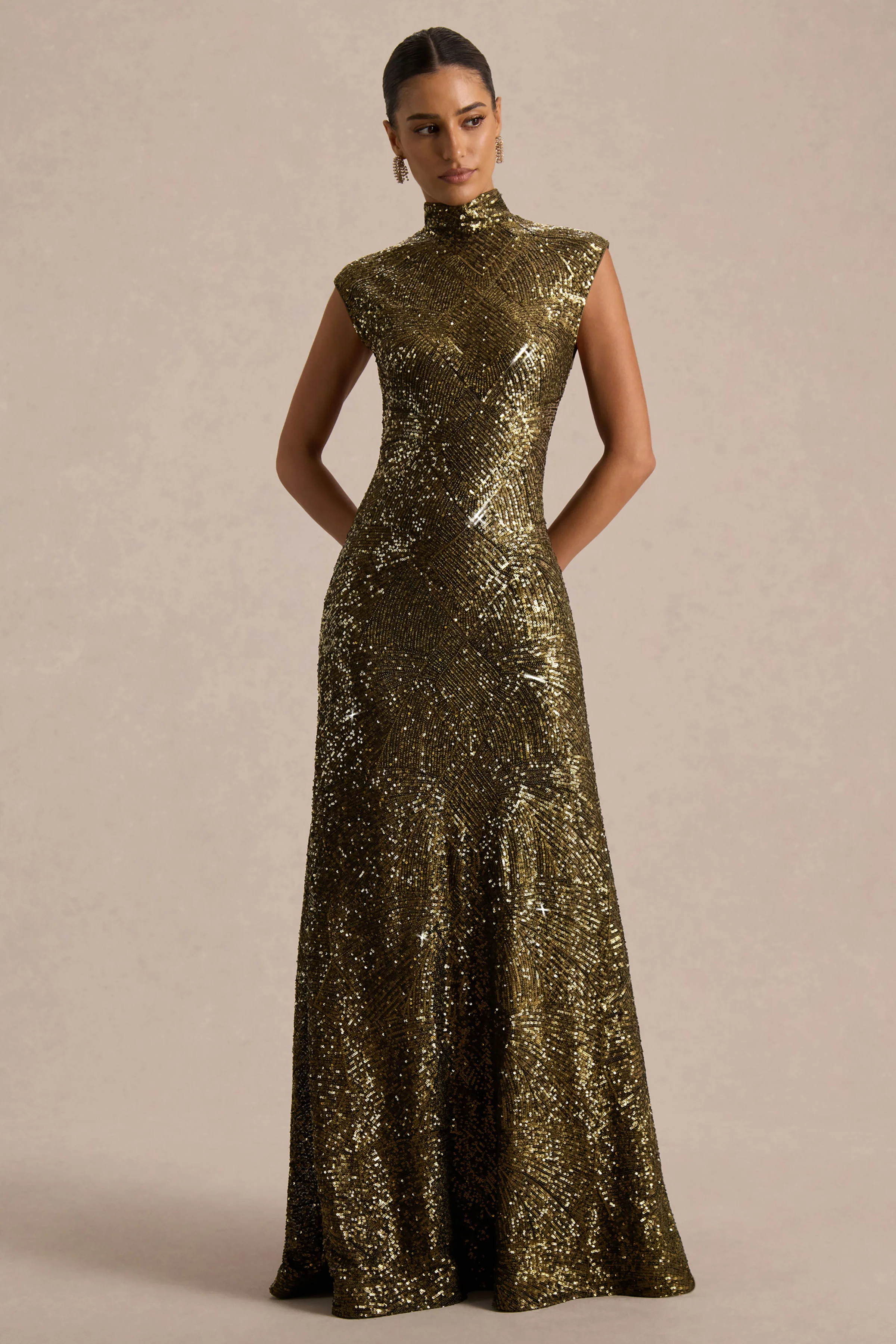 Cecy | Khaki Sequin High-Neck Maxi Dress With Cap Sleeves - Image 5