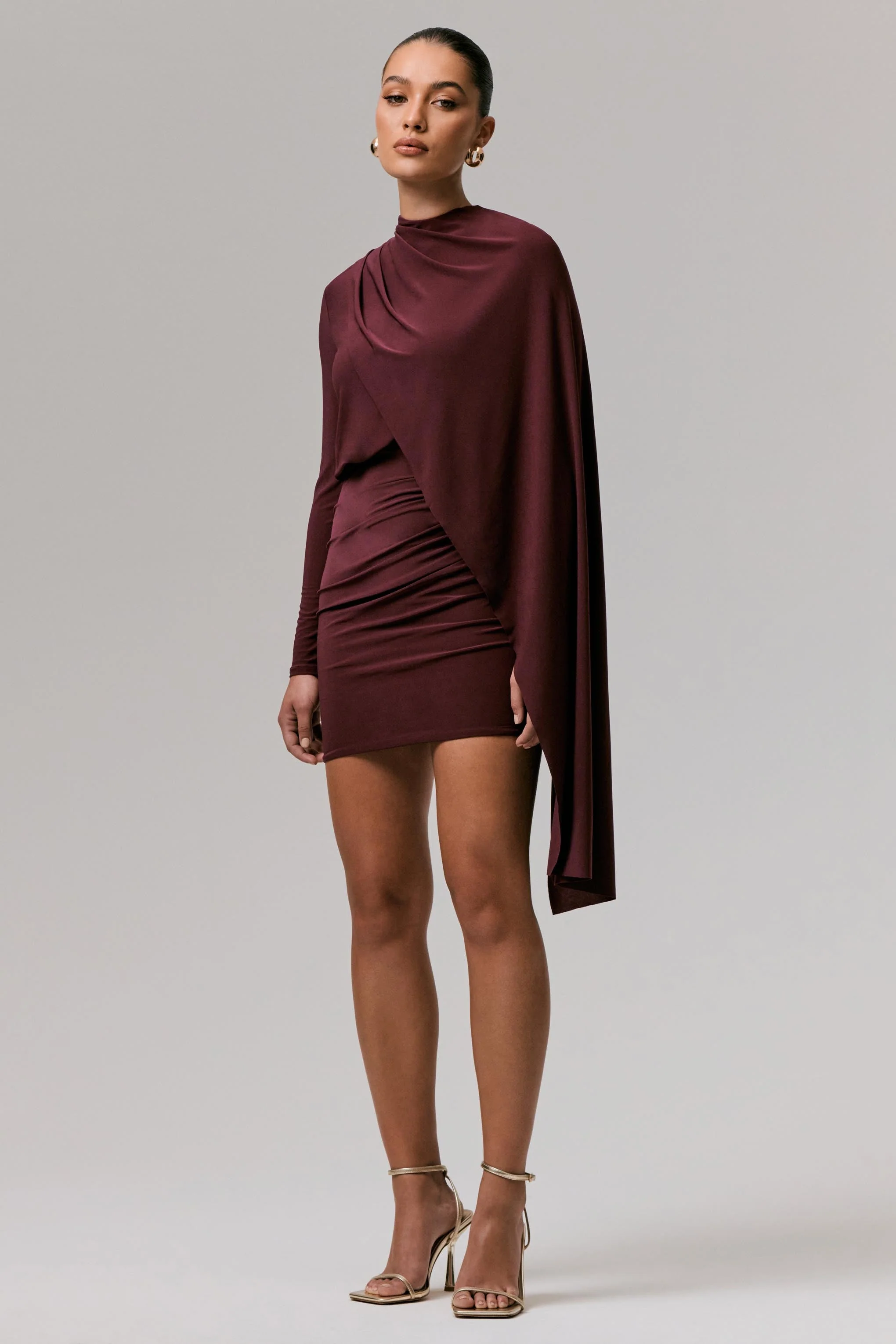 Celeste | Burgundy Long-Sleeve Mini Dress With Cape Sleeve - Image 3