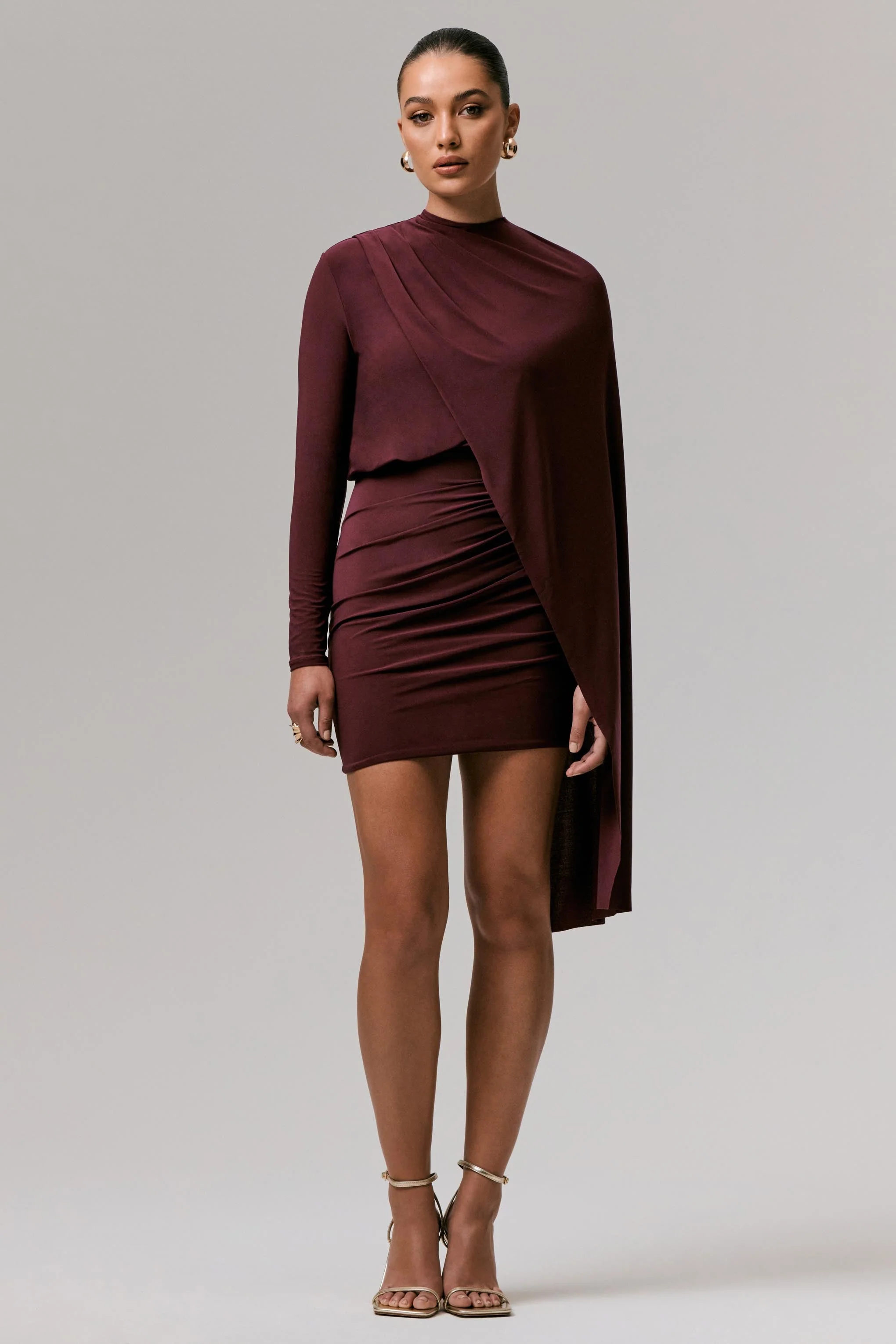 Celeste | Burgundy Long-Sleeve Mini Dress With Cape Sleeve - Image 4