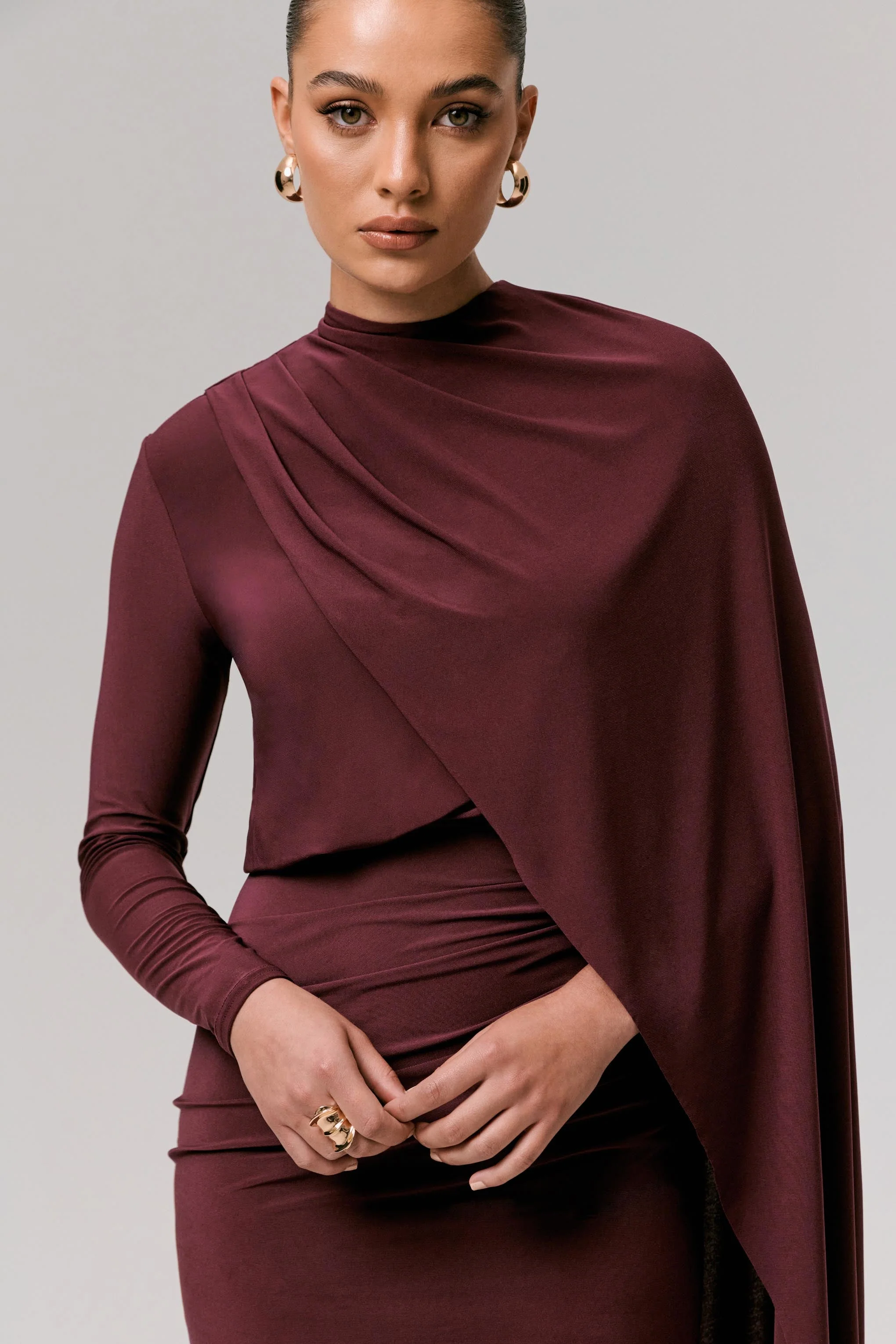 Celeste | Burgundy Long-Sleeve Mini Dress With Cape Sleeve - Image 5