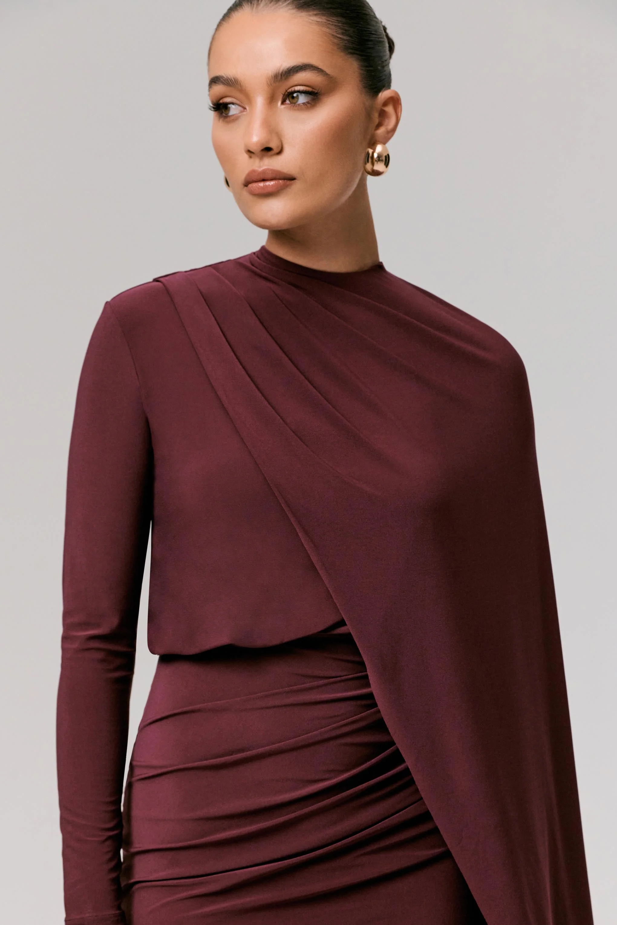 Celeste | Burgundy Long-Sleeve Mini Dress With Cape Sleeve - Image 6