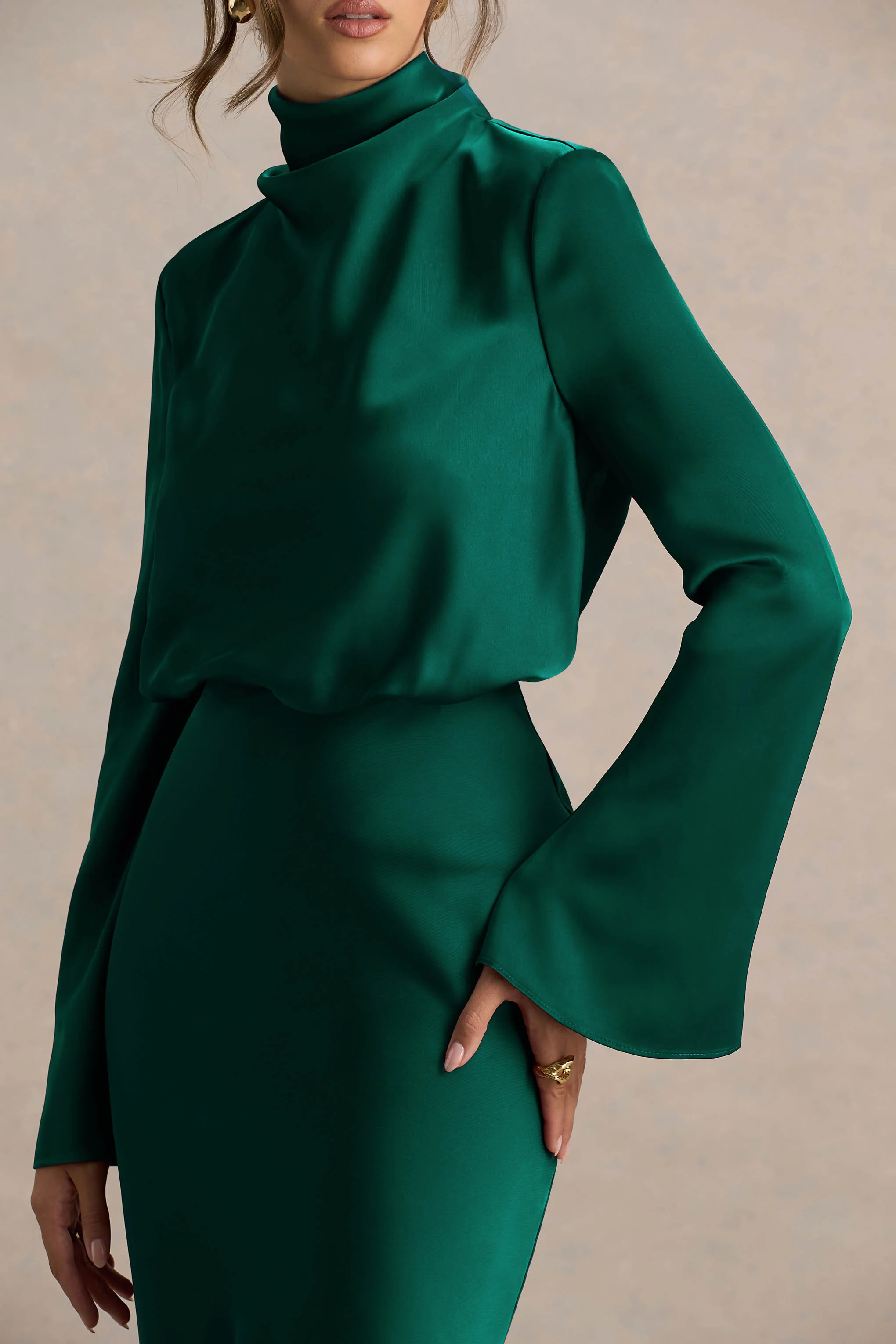 Celina | Bottle Green Satin High-Neck Maxi Dress - Image 5