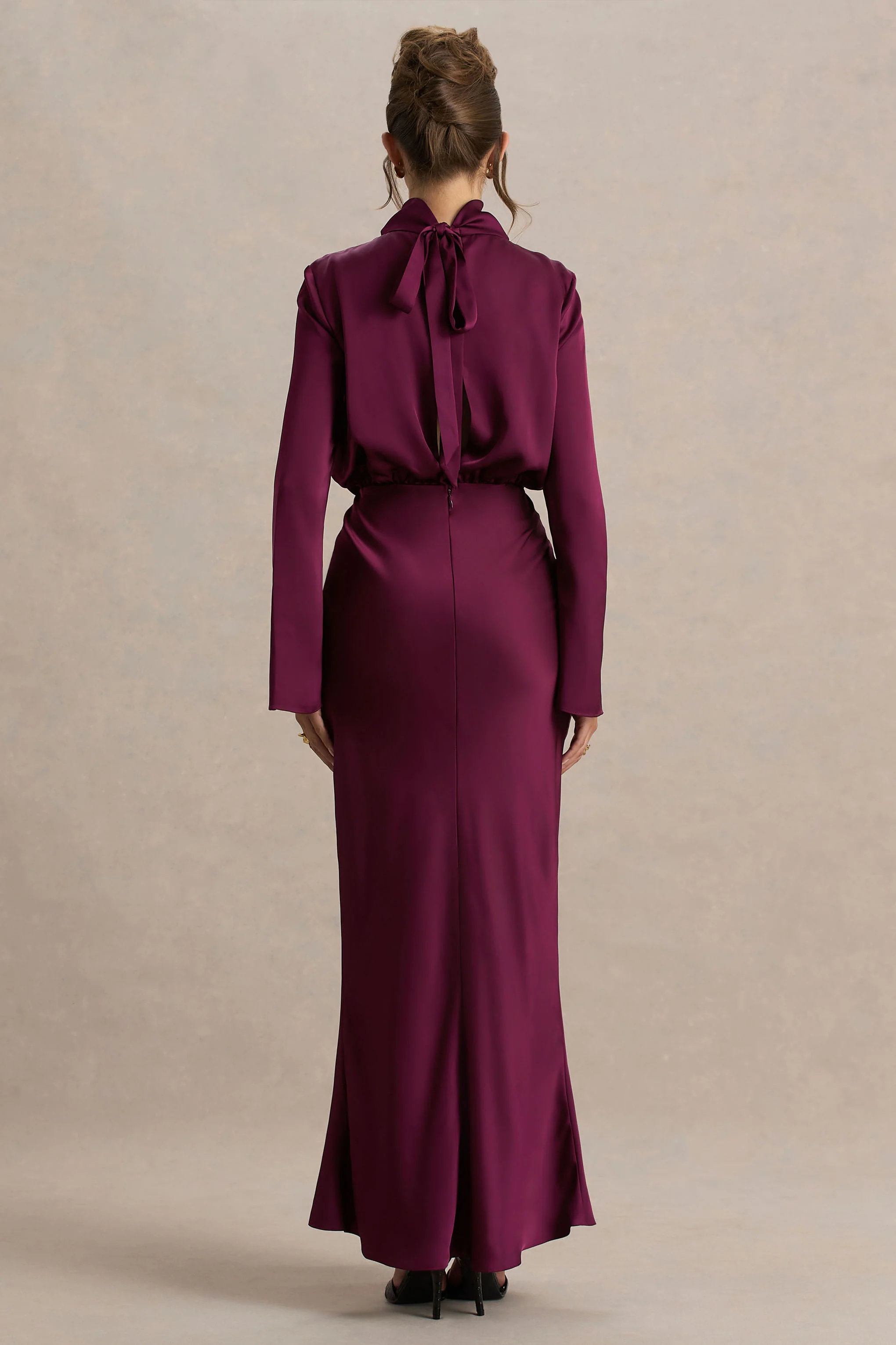 Celina | Burgundy Satin High-Neck Maxi Dress - Image 2