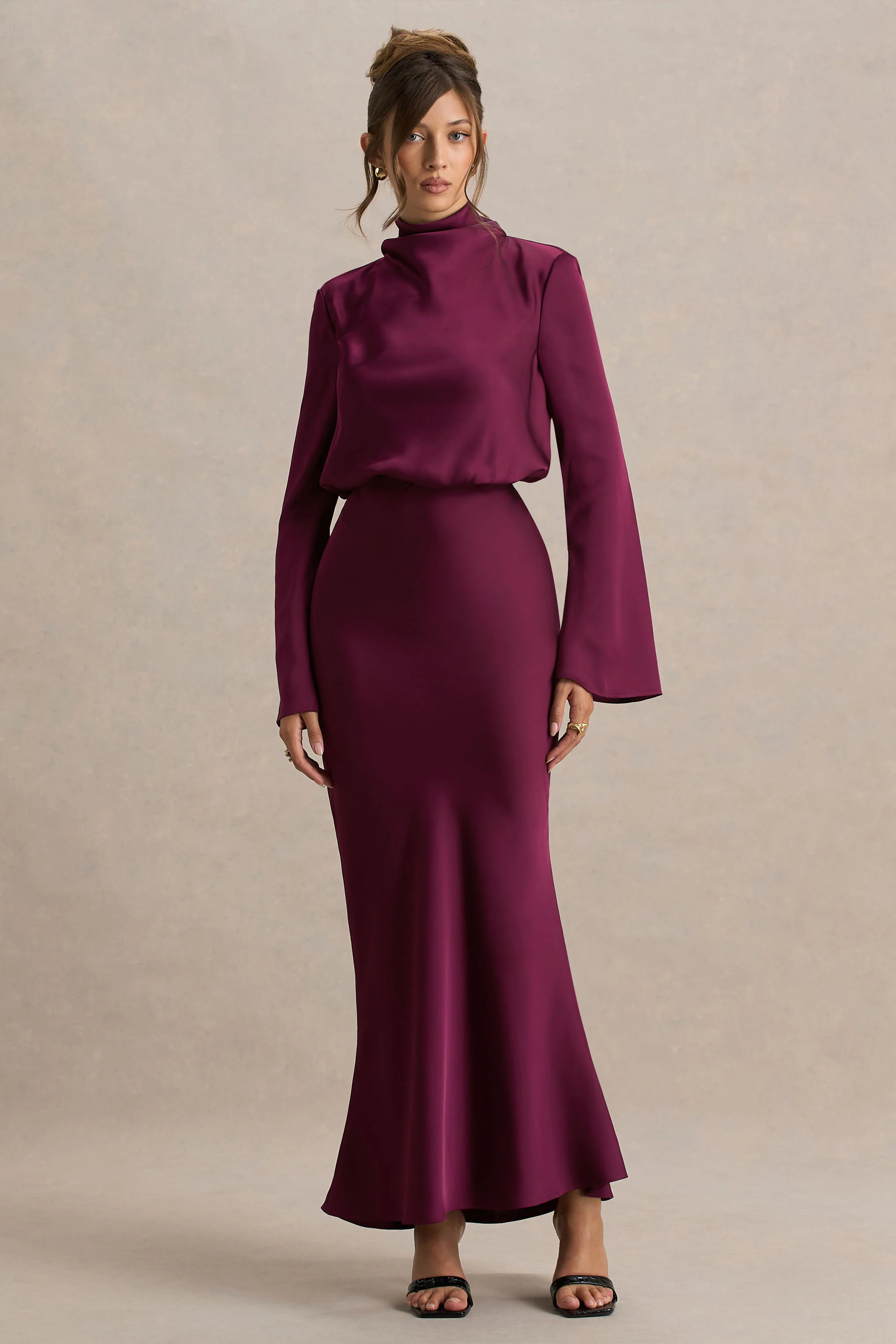 Celina | Burgundy Satin High-Neck Maxi Dress - Image 3